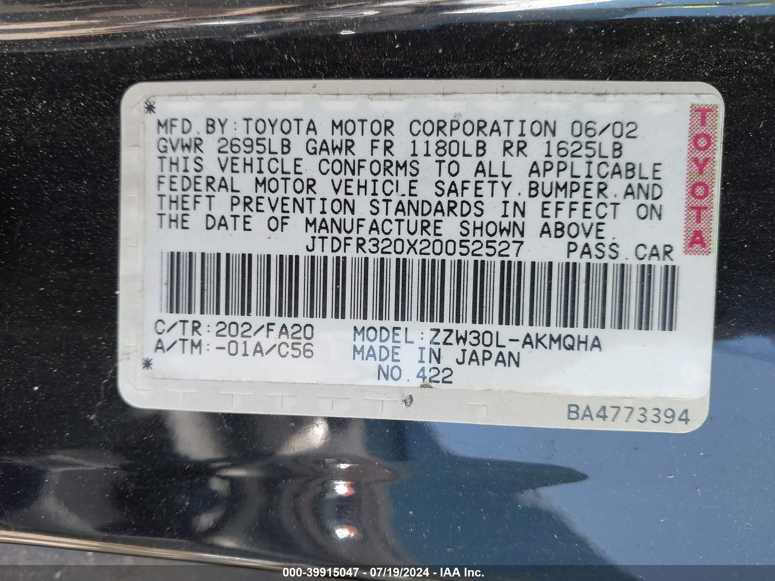 JTDFR320X20052527 — 2002 TOYOTA MR2 SPYDER | AutoHelperBot