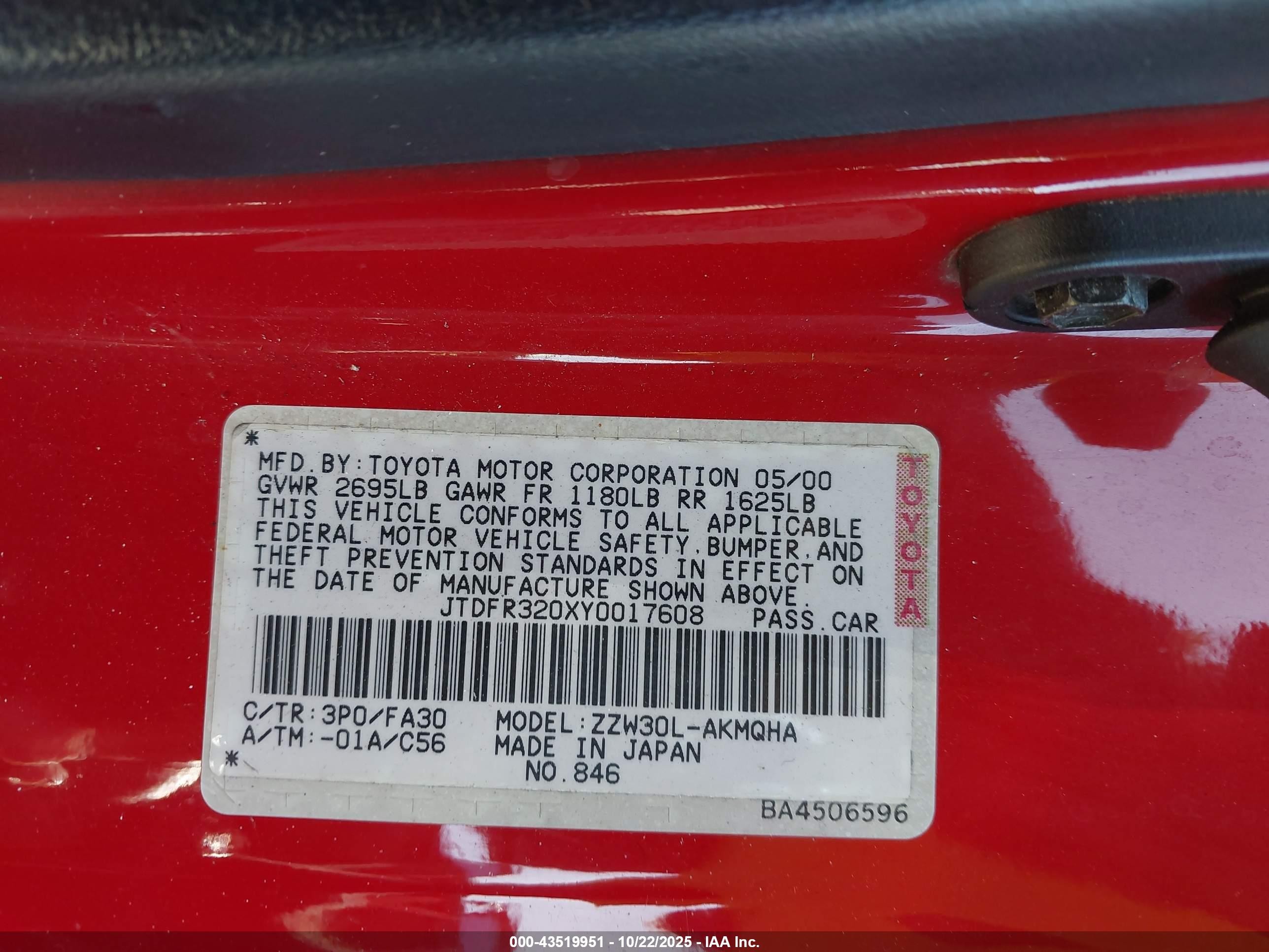 2000 Toyota Mr2 Spyder   Red vin: JTDFR320XY0017608