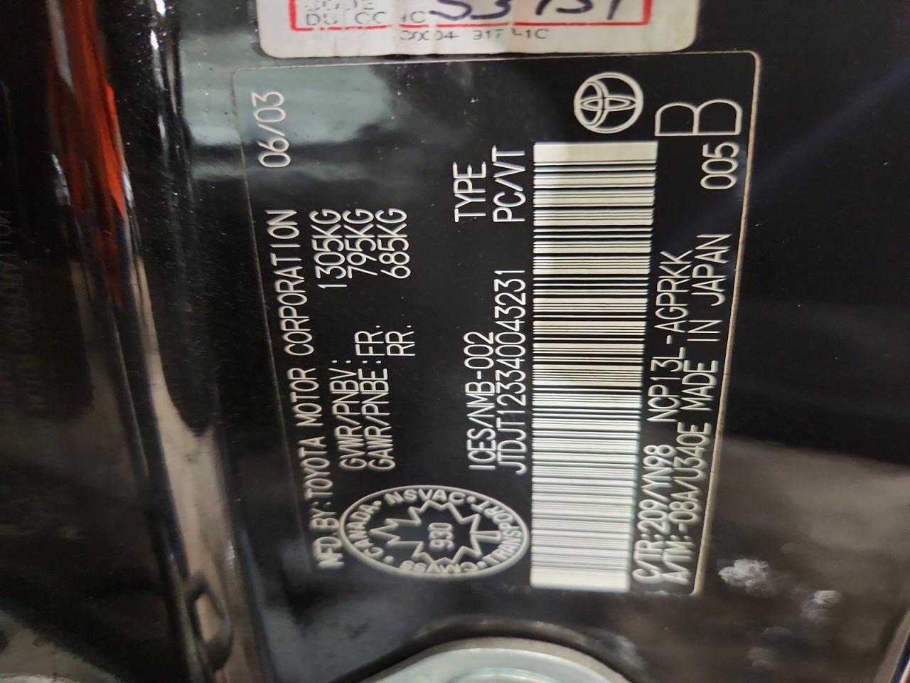 2004 Toyota Echo Black vin: JTDJT123340043231
