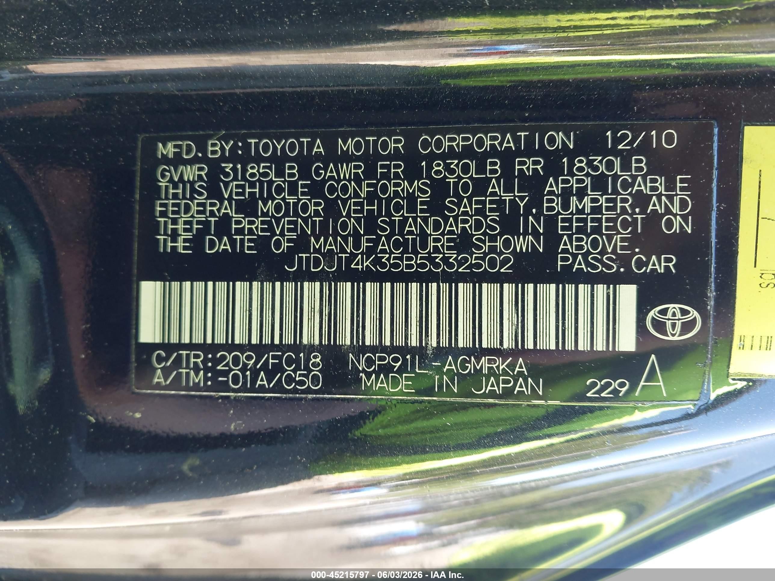 2011 Toyota Yaris   Black vin: JTDJT4K35B5332502