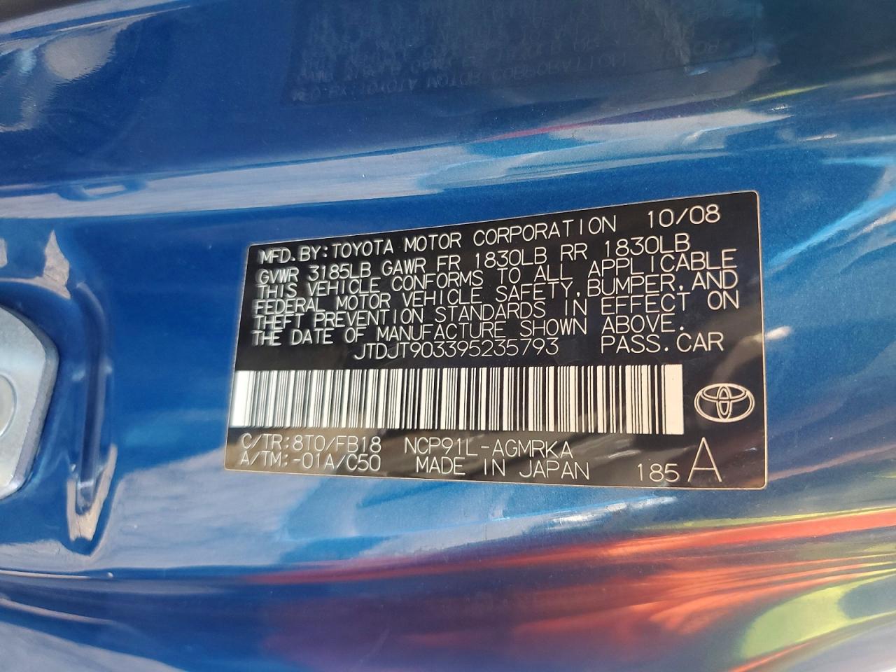 2009 Toyota Yaris S Blue vin: JTDJT903395235793