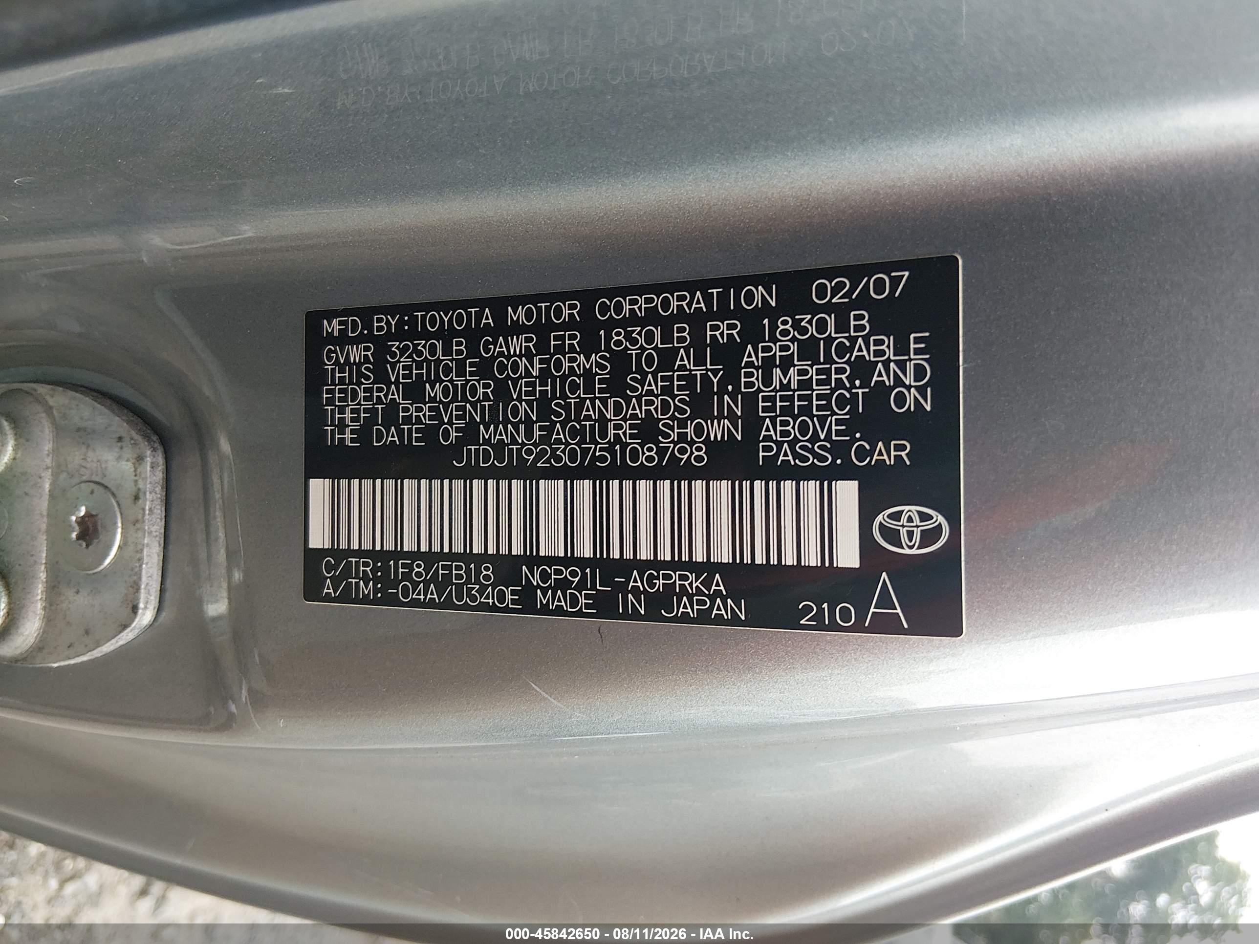 2007 Toyota Yaris   Silver vin: JTDJT923075108798