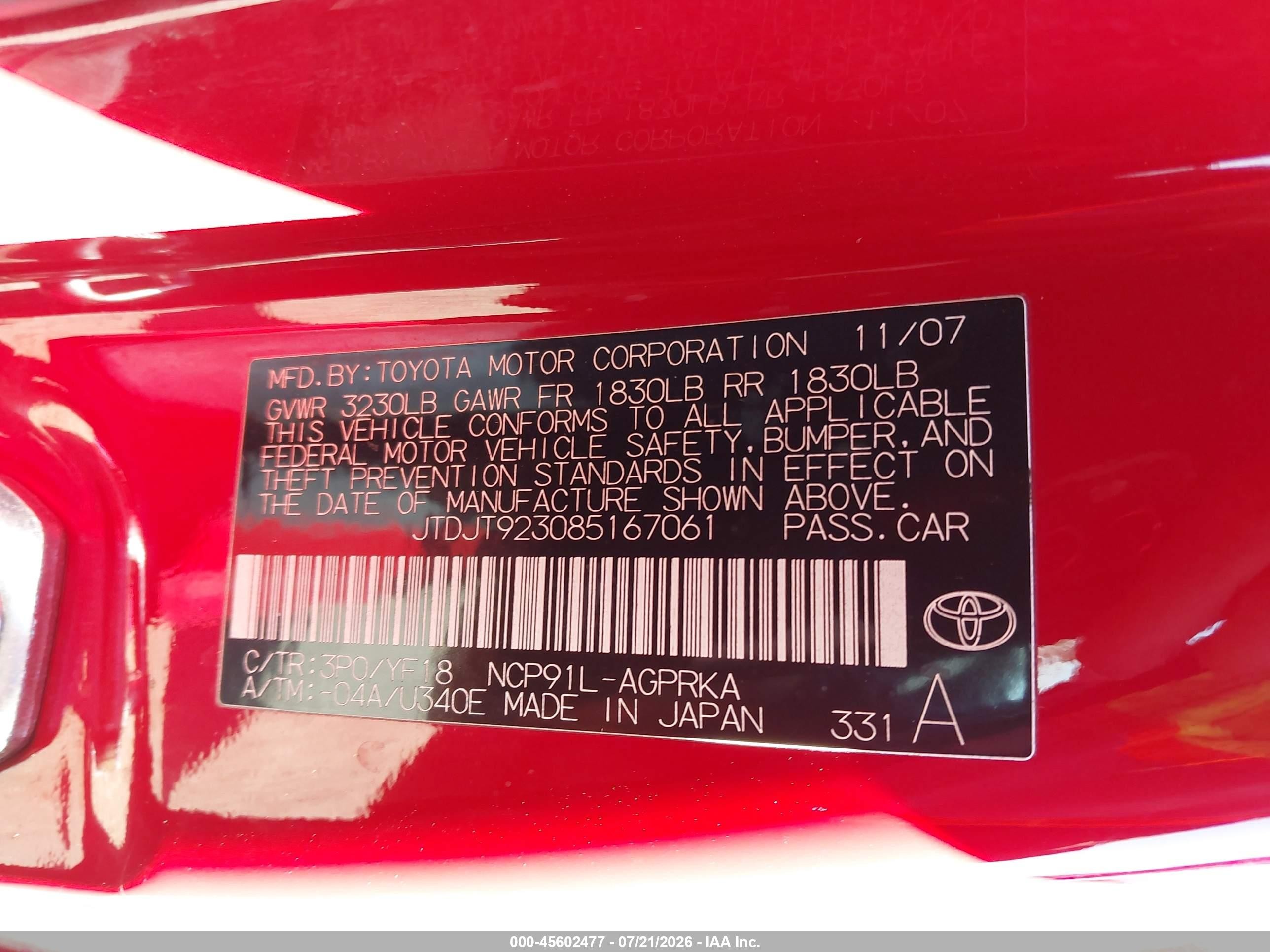 2008 Toyota Yaris S Red vin: JTDJT923085167061