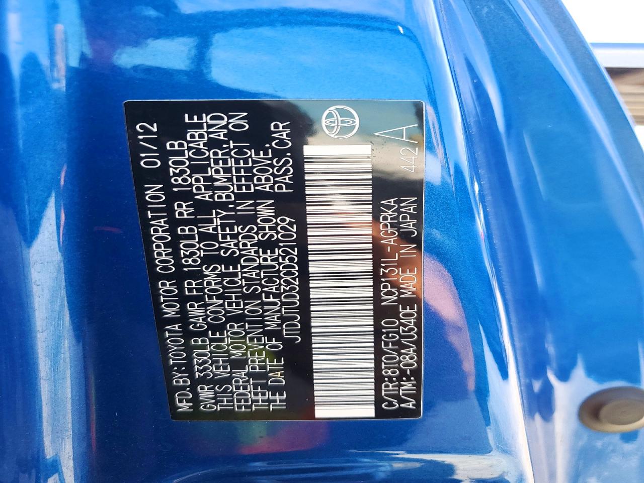 2012 Toyota Yaris 3-door L Blue vin: JTDJTUD32CD521029