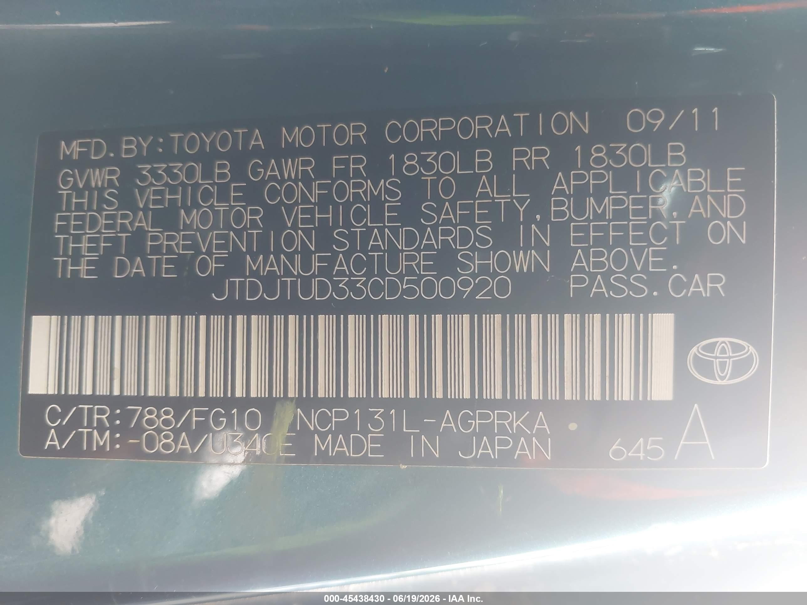 2012 Toyota Yaris L Teal vin: JTDJTUD33CD500920