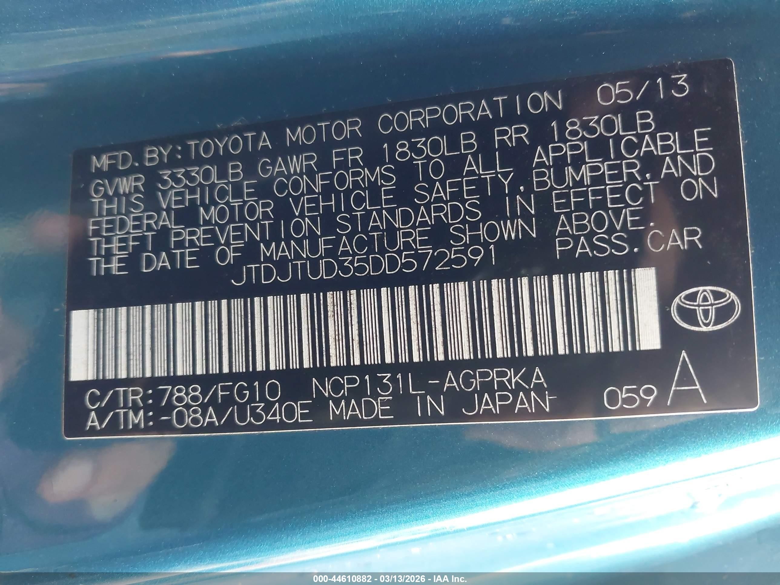 2013 Toyota Yaris L/le Teal vin: JTDJTUD35DD572591