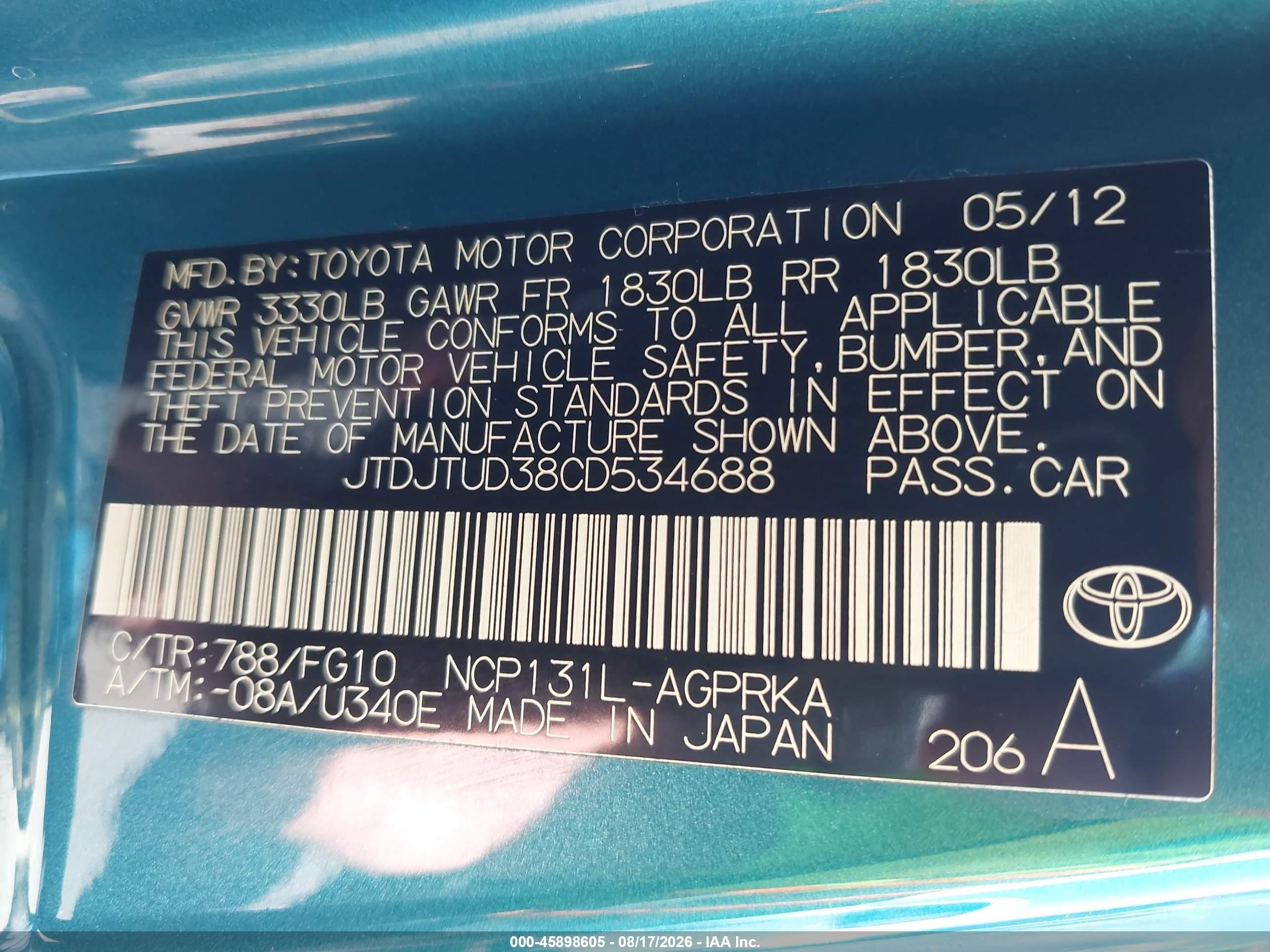 2012 Toyota Yaris L Blue vin: JTDJTUD38CD534688