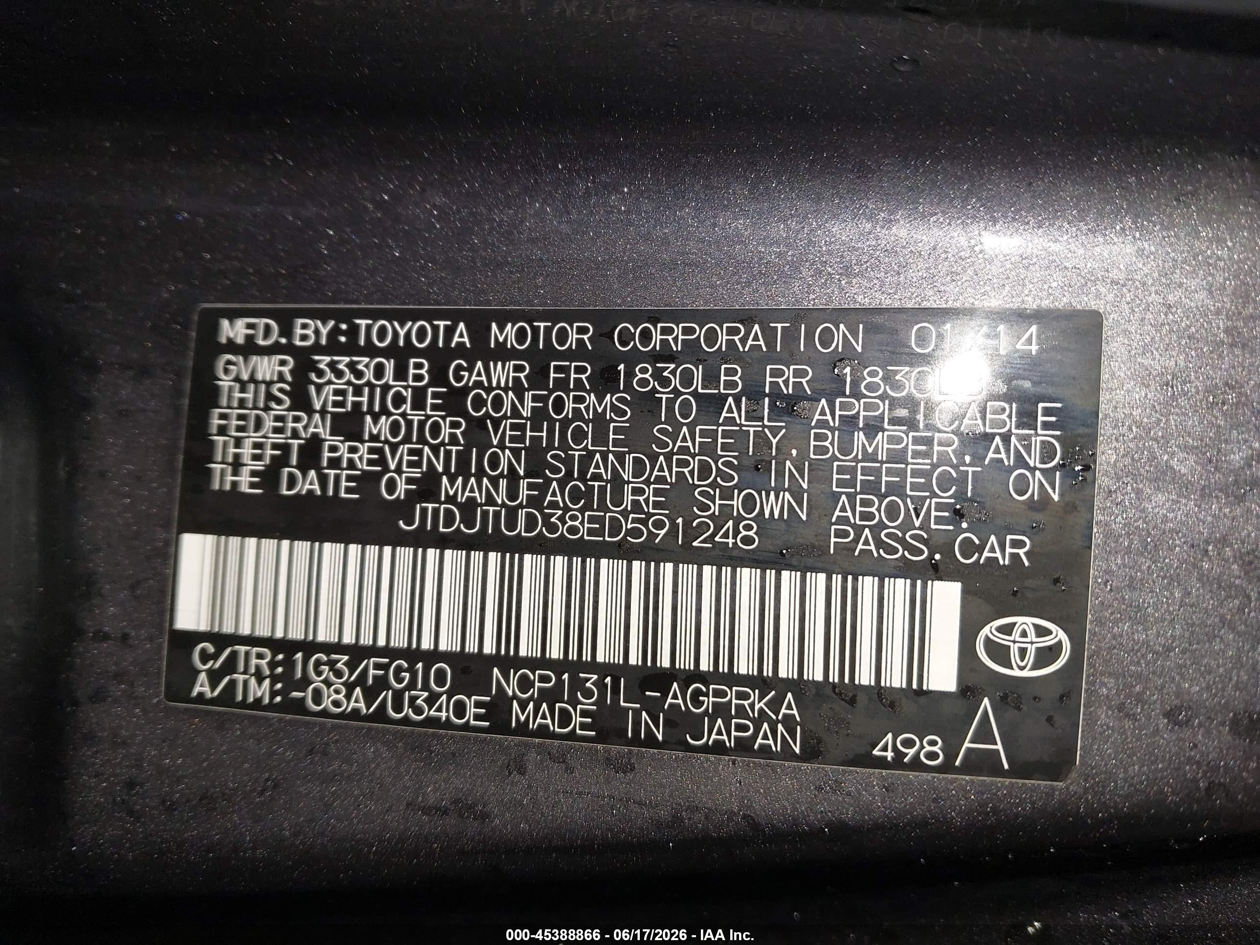2014 Toyota Yaris L (tmc/cbu Plant) Gray vin: JTDJTUD38ED591248