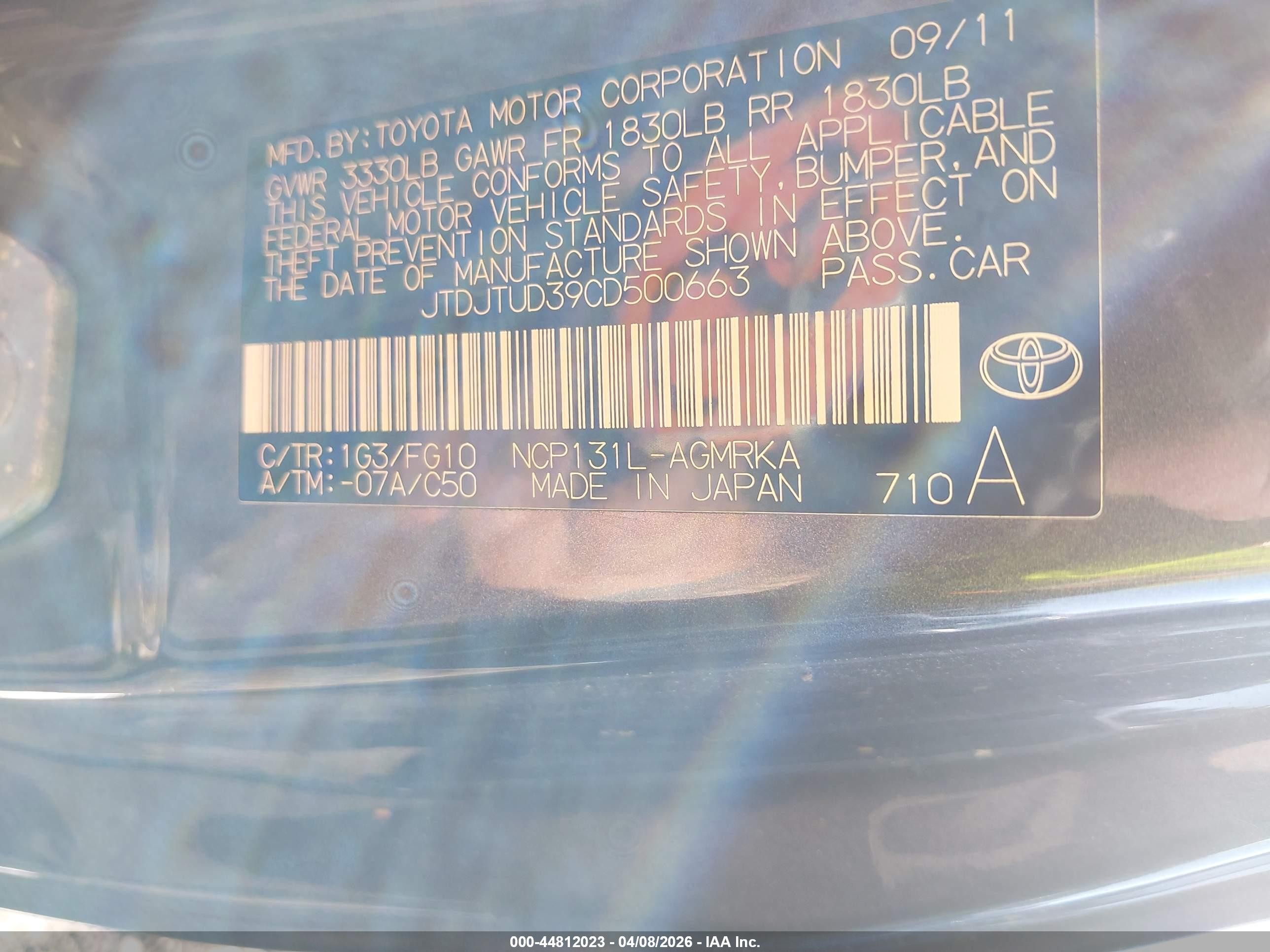2012 Toyota Yaris L Black vin: JTDJTUD39CD500663