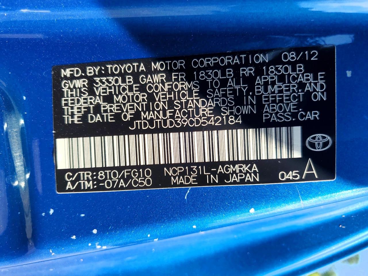 2012 Toyota Yaris 3-door L Blue vin: JTDJTUD39CD542184