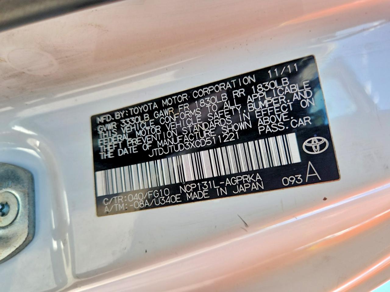 2012 Toyota Yaris 3-door Le Белый vin: JTDJTUD3XCD511221