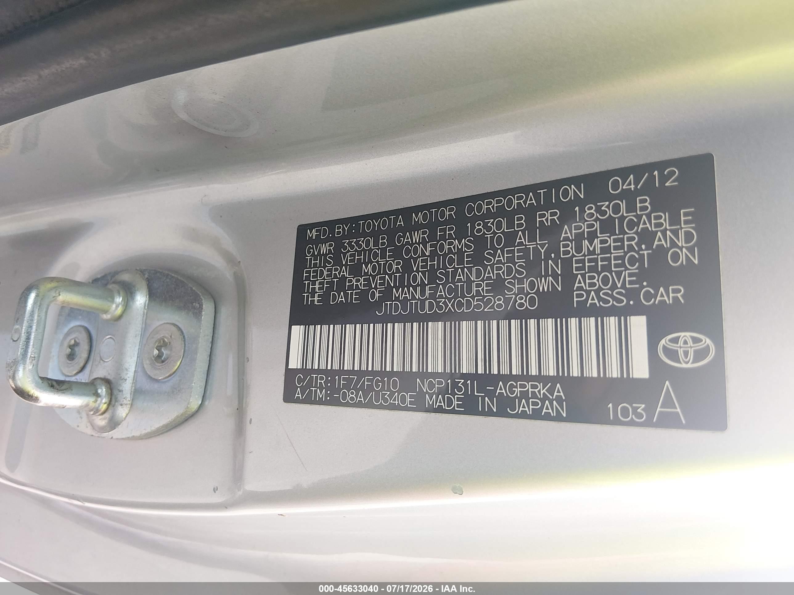 2012 Toyota Yaris Le Серебряный vin: JTDJTUD3XCD528780