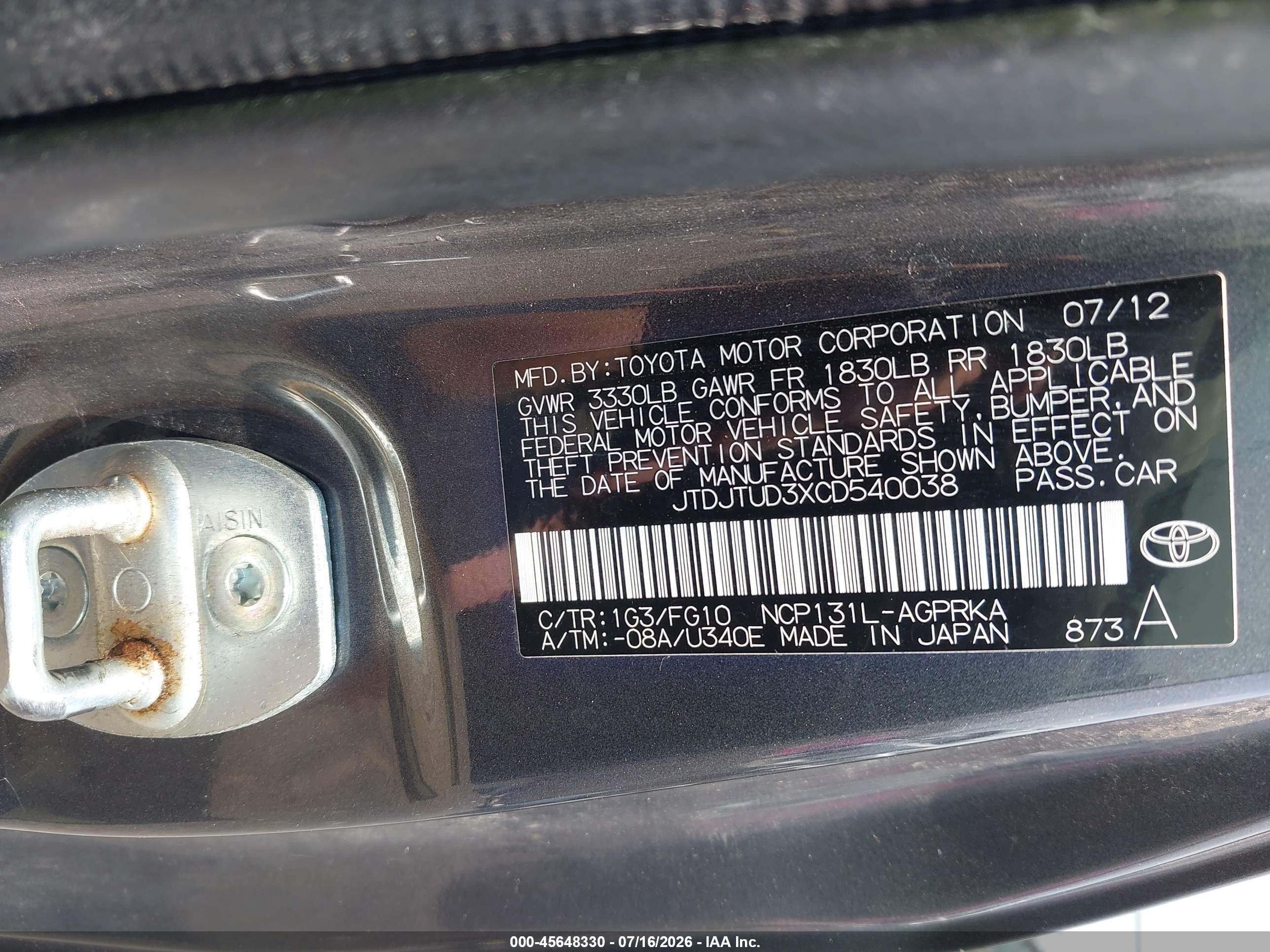 2012 Toyota Yaris Le Gray vin: JTDJTUD3XCD540038