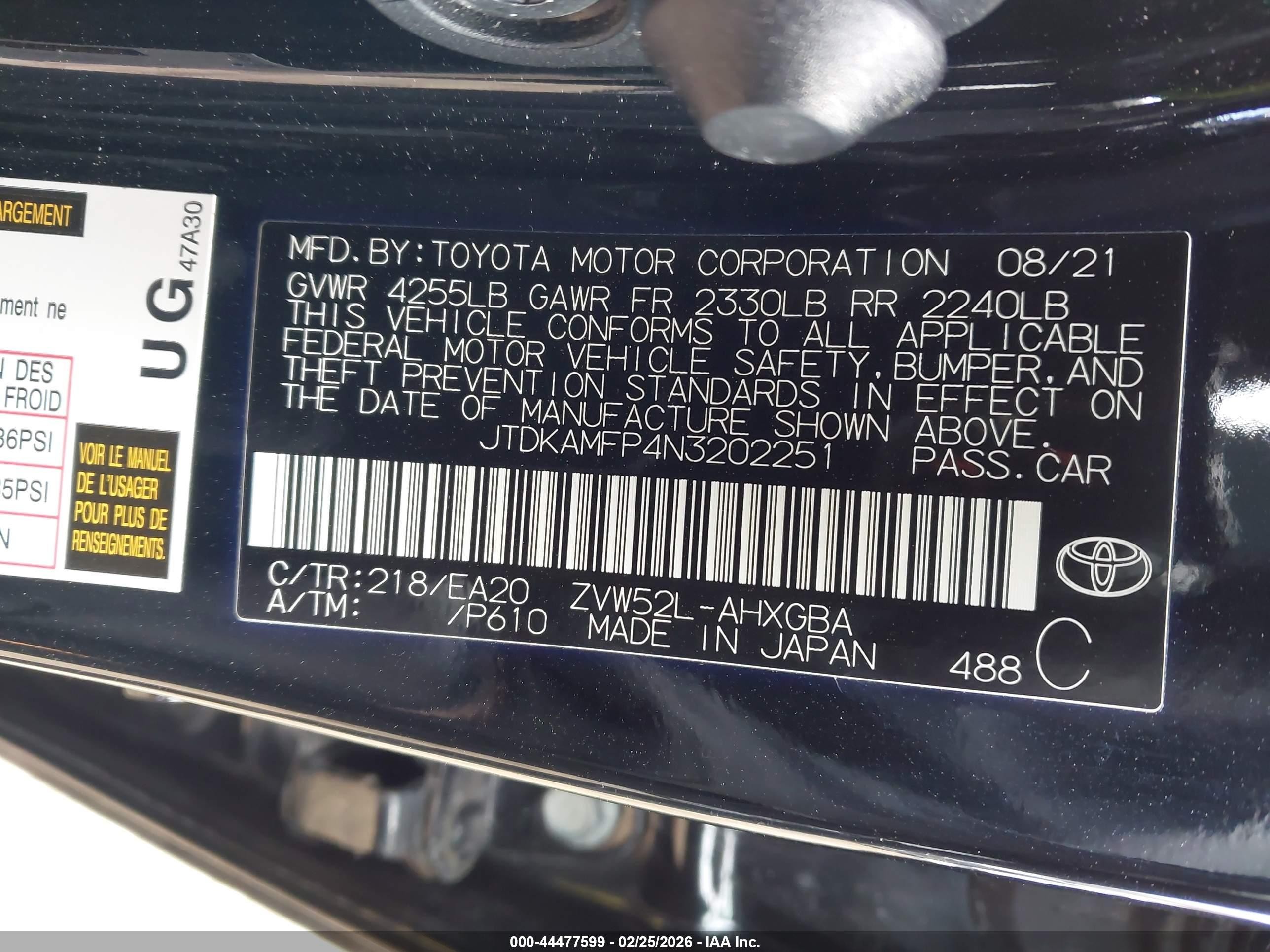2022 Toyota Prius Prime Xle Black vin: JTDKAMFP4N3202251