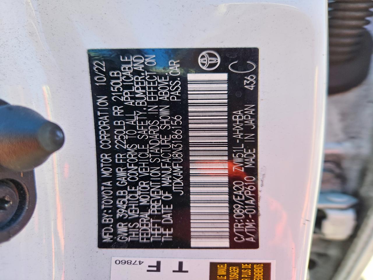 2022 Toyota Prius Xle White vin: JTDKAMFU8N3186156