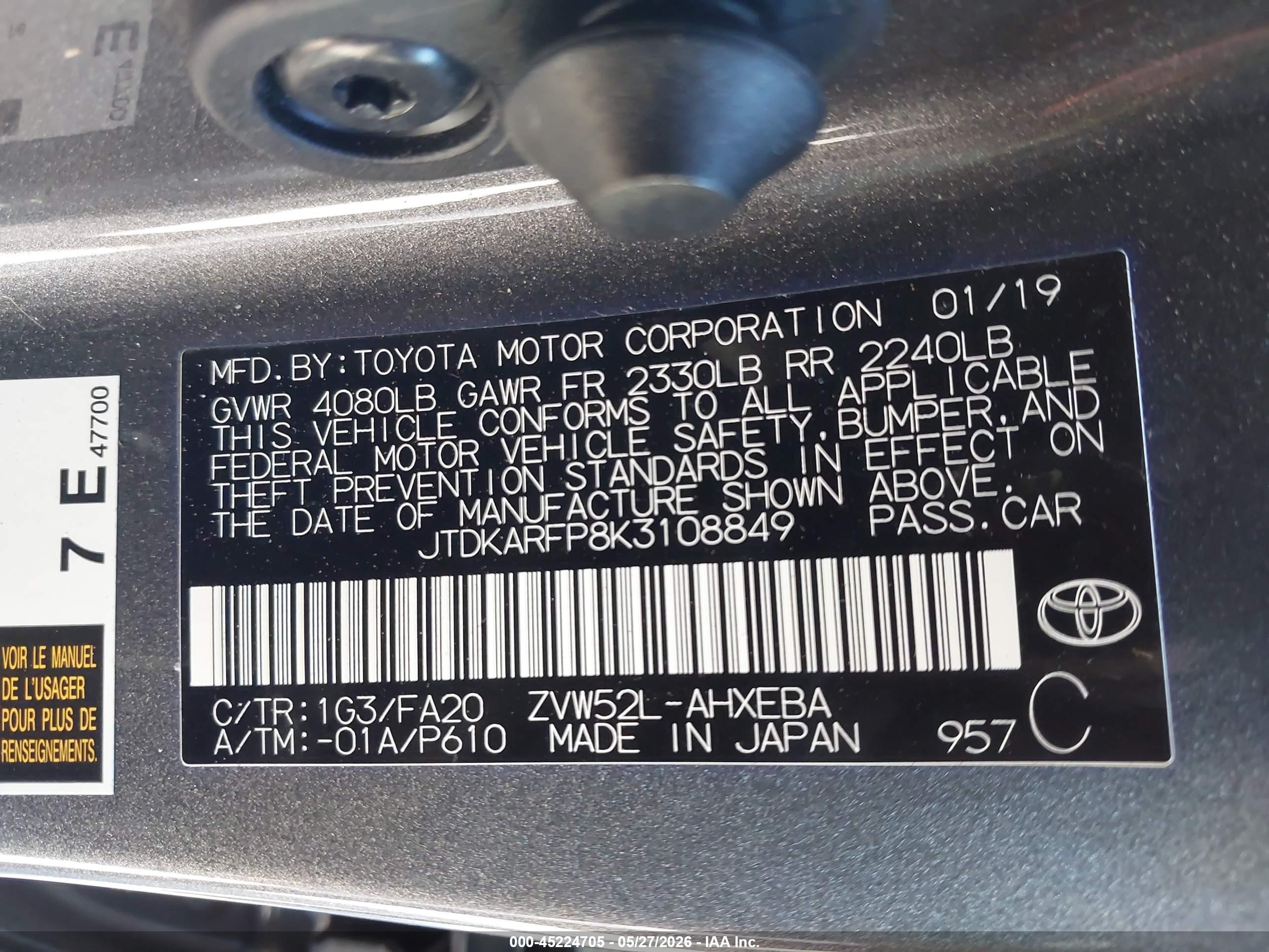 2019 Toyota Prius Prime Plus Gray vin: JTDKARFP8K3108849