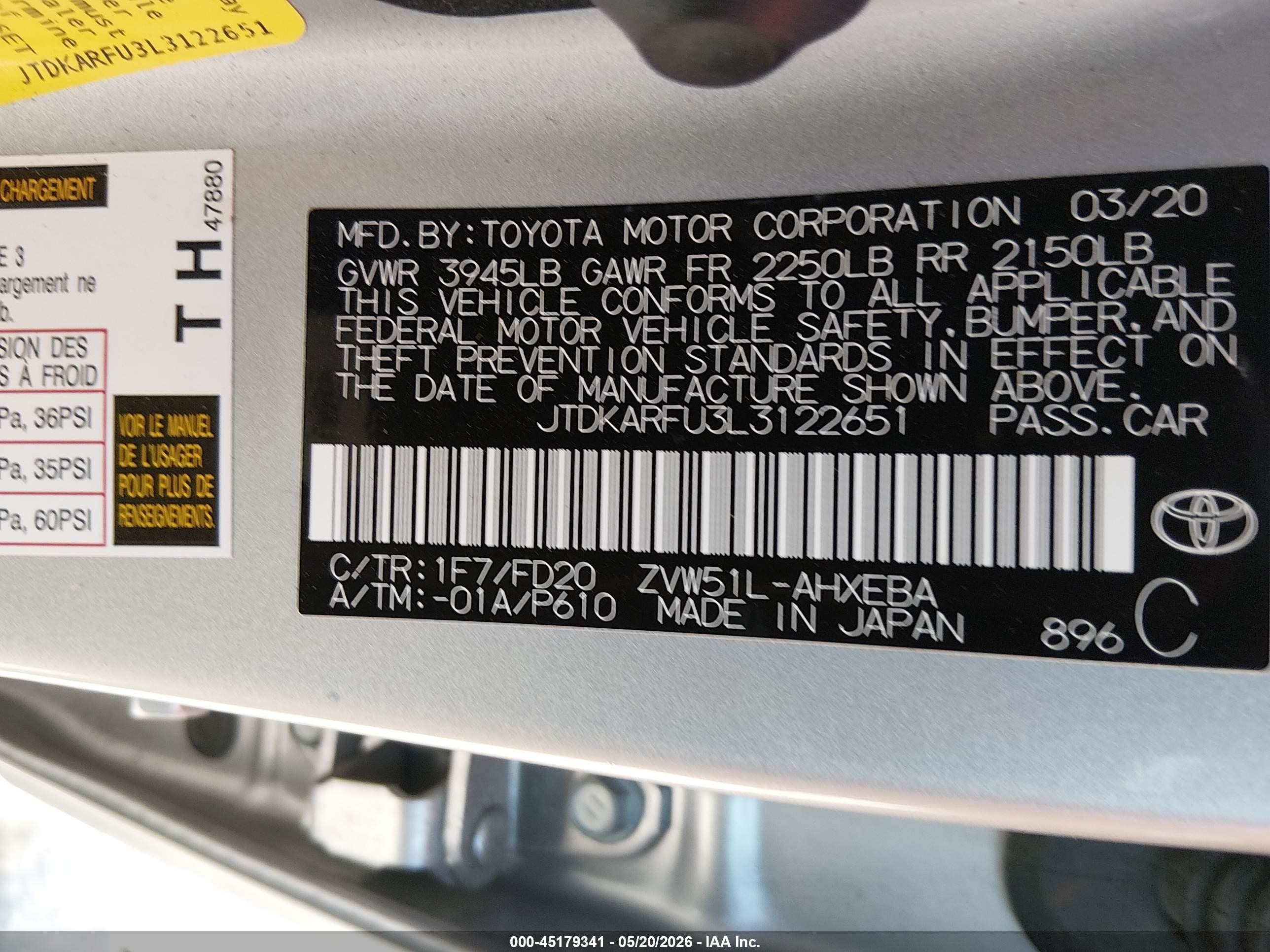 2020 Toyota Prius Le Silver vin: JTDKARFU3L3122651