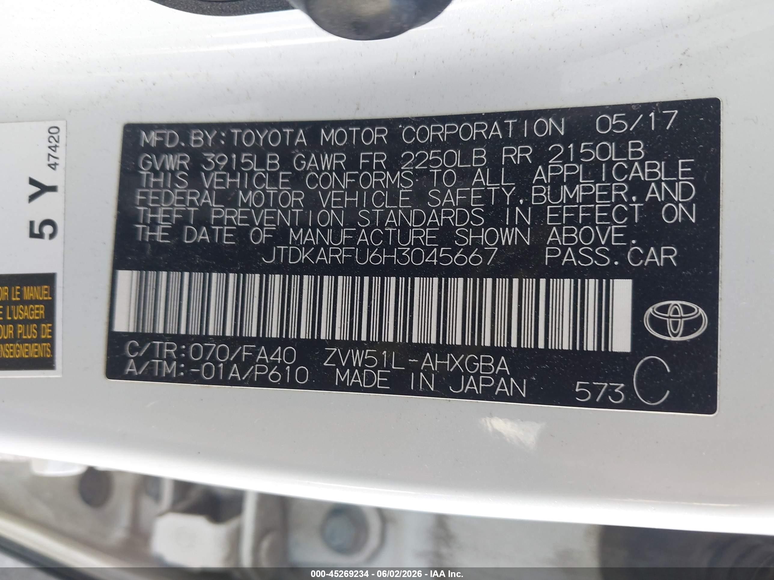 2017 Toyota Prius Three White vin: JTDKARFU6H3045667