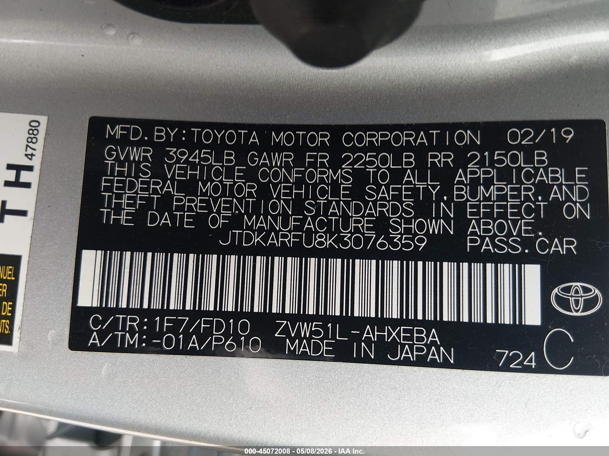 2019 Toyota Prius Le Silver vin: JTDKARFU8K3076359