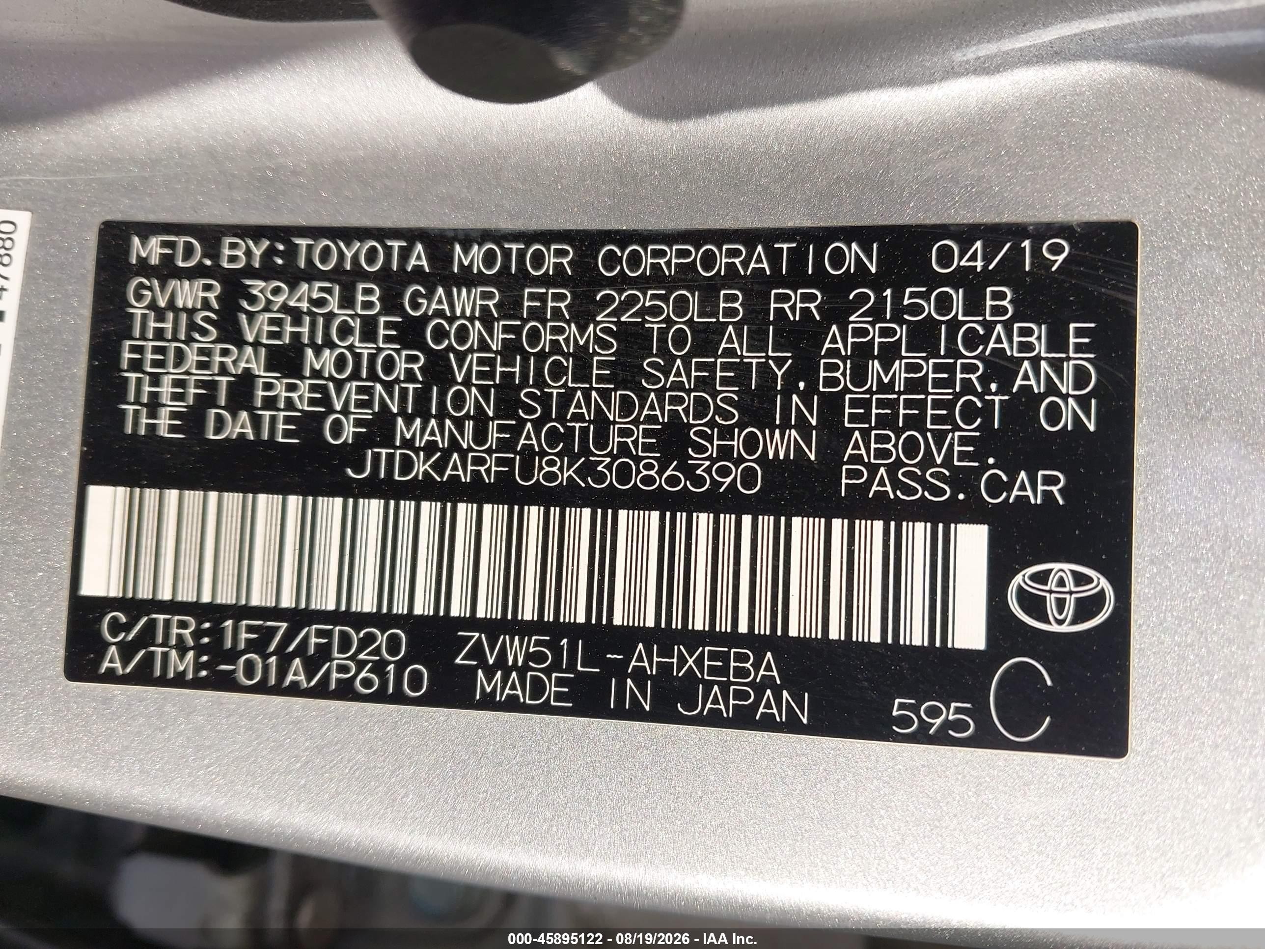 2019 Toyota Prius Le Silver vin: JTDKARFU8K3086390