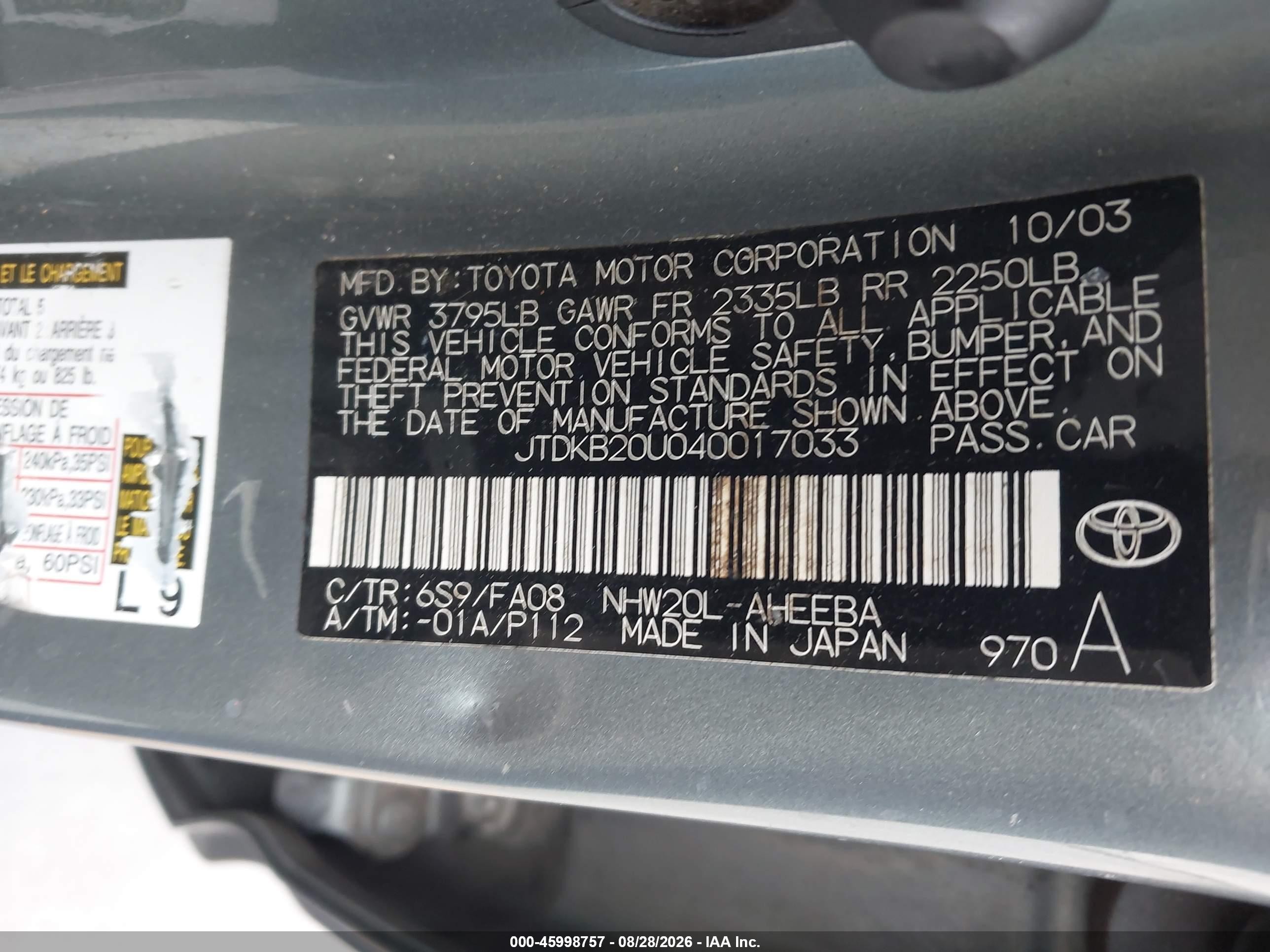 2004 Toyota Prius   Gray vin: JTDKB20U040017033
