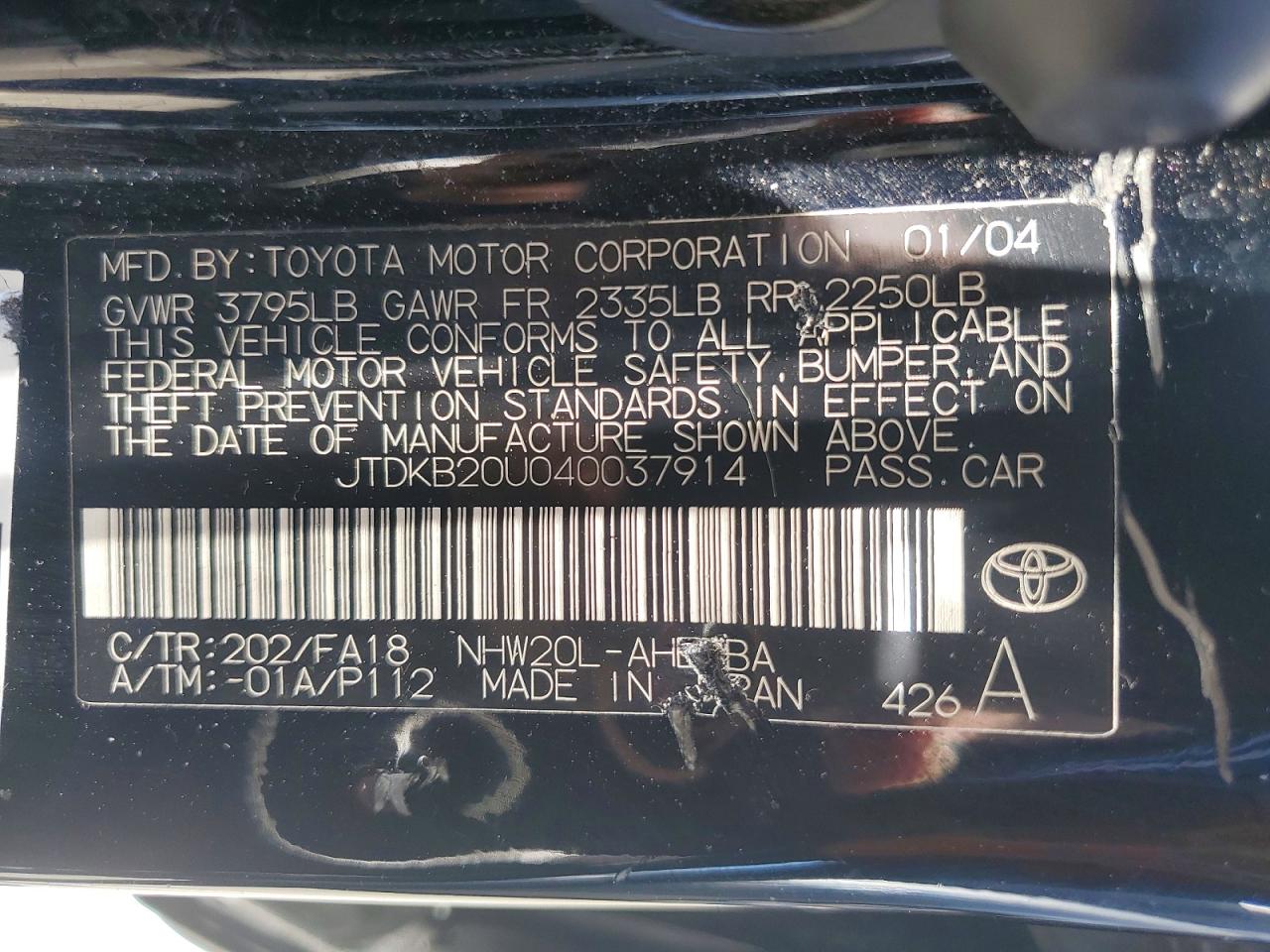 2004 Toyota Prius Base Black vin: JTDKB20U040037914
