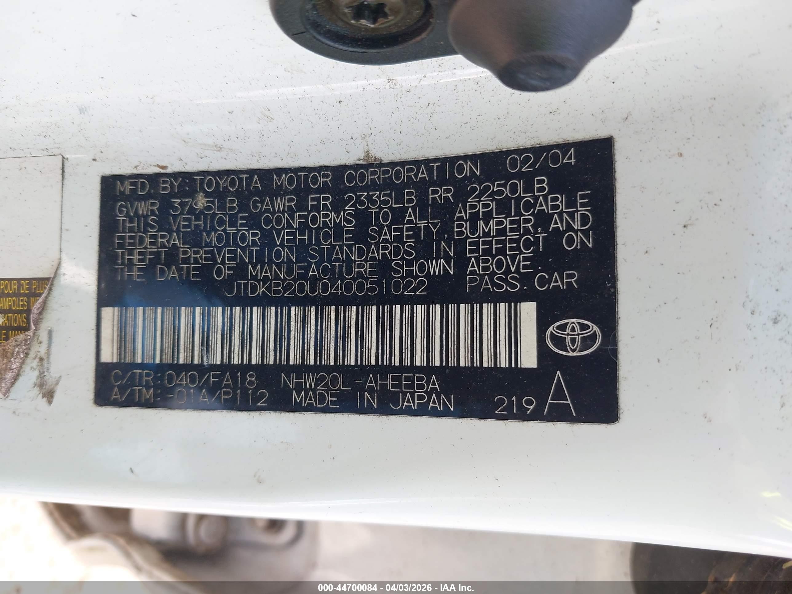 2004 Toyota Prius   White vin: JTDKB20U040051022