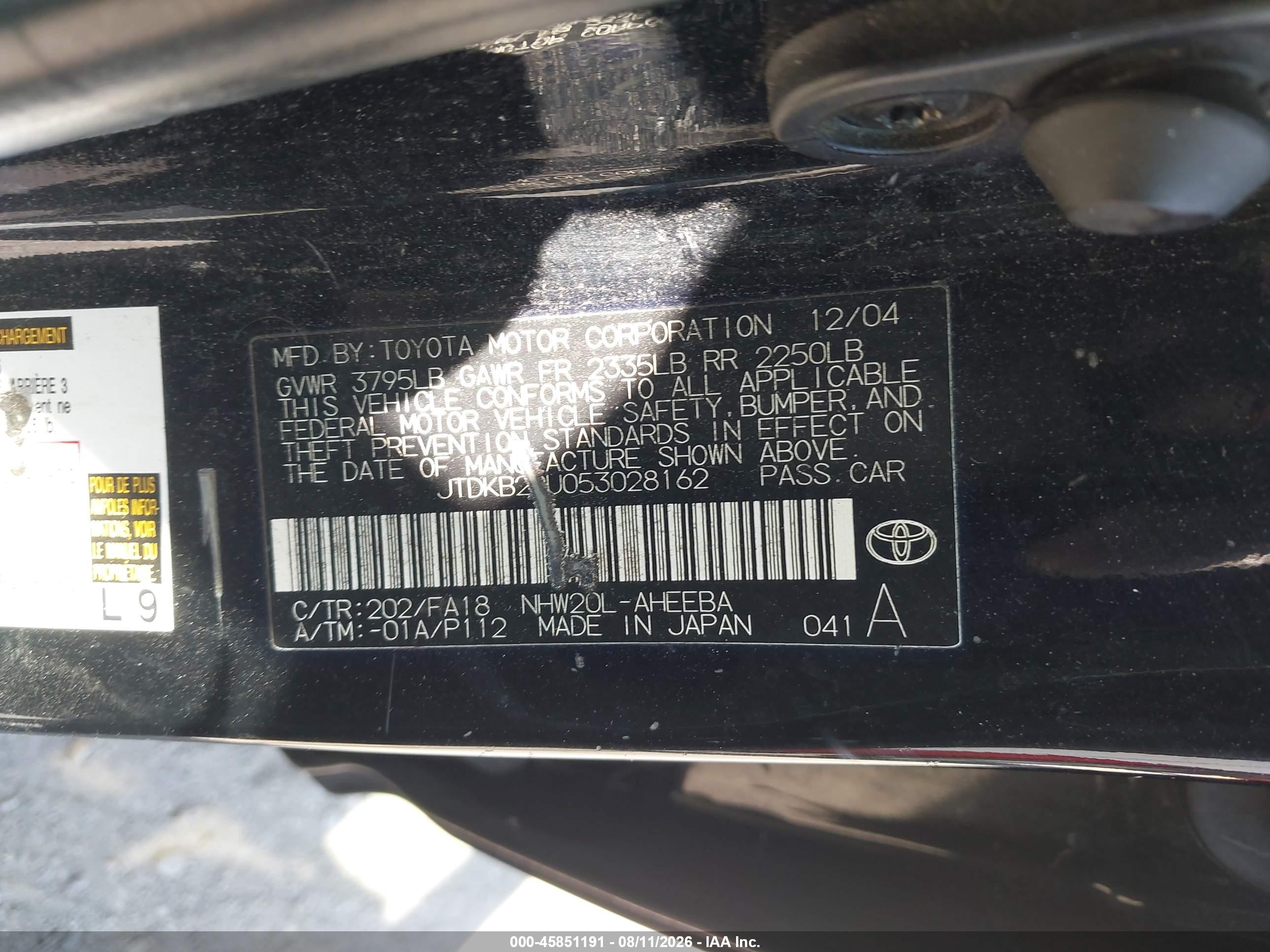 2005 Toyota Prius   Black vin: JTDKB20U053028162