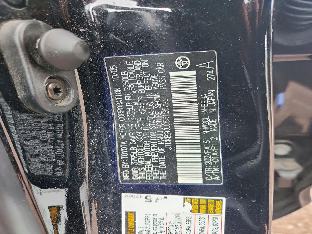 2005 Toyota Prius Base Black vin: JTDKB20U053125796