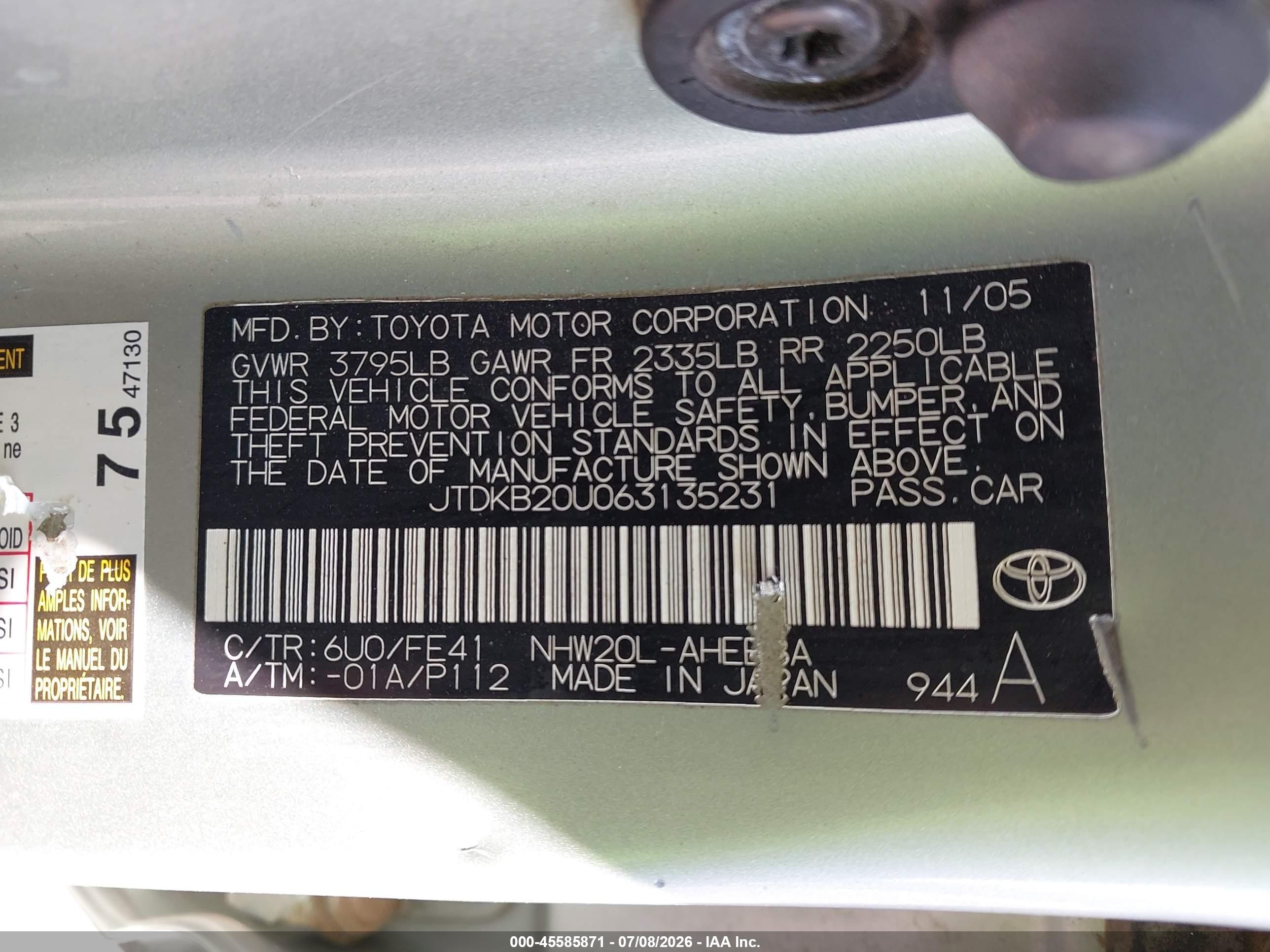 2006 Toyota Prius   Green vin: JTDKB20U063135231