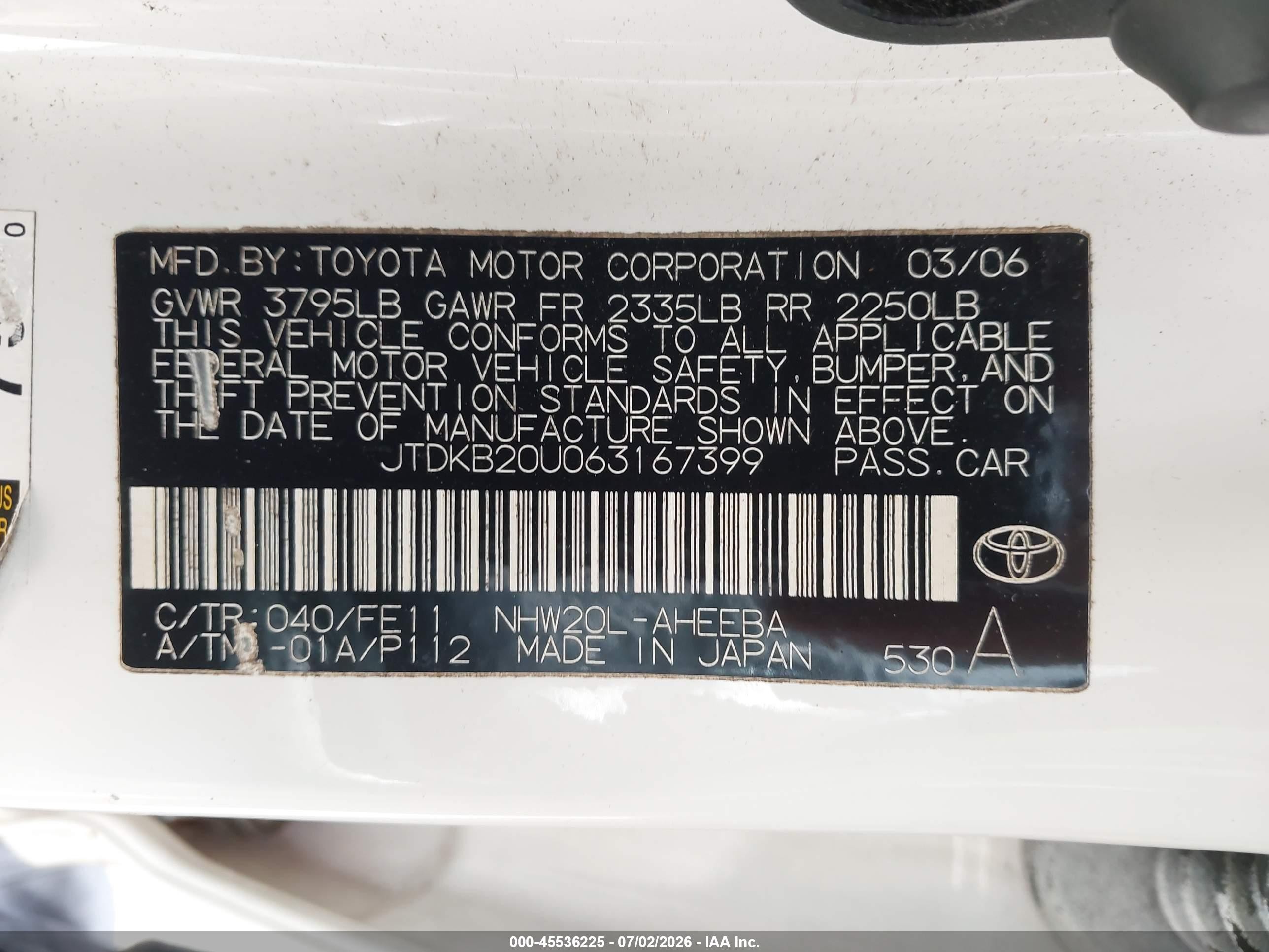 2006 Toyota Prius   White vin: JTDKB20U063167399