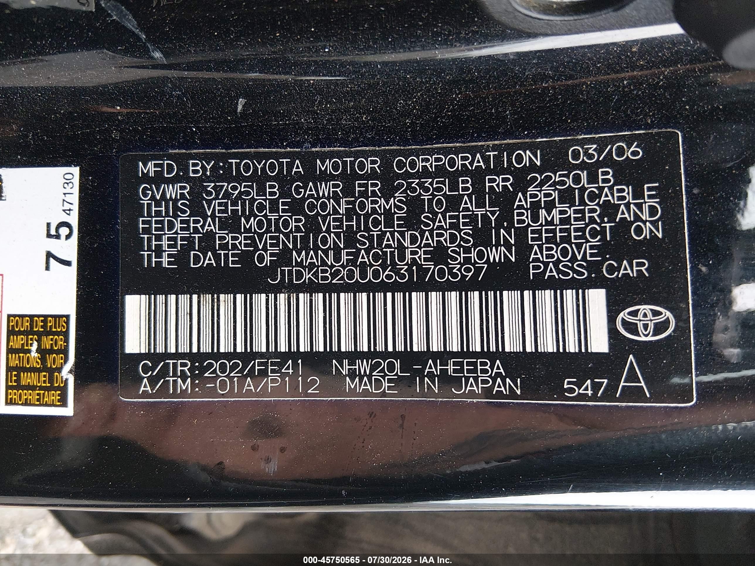 2006 Toyota Prius   Black vin: JTDKB20U063170397