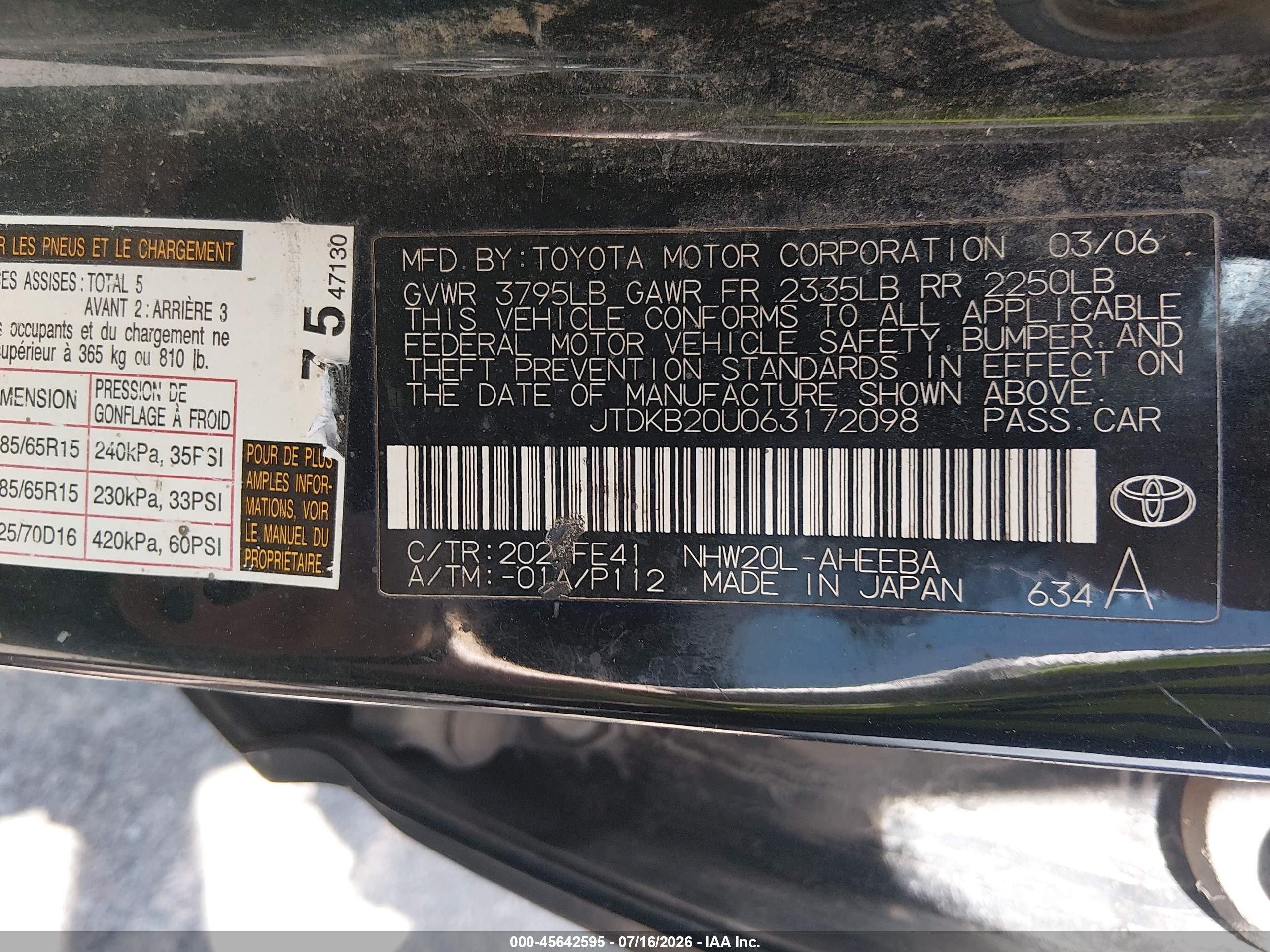 2006 Toyota Prius   Black vin: JTDKB20U063172098