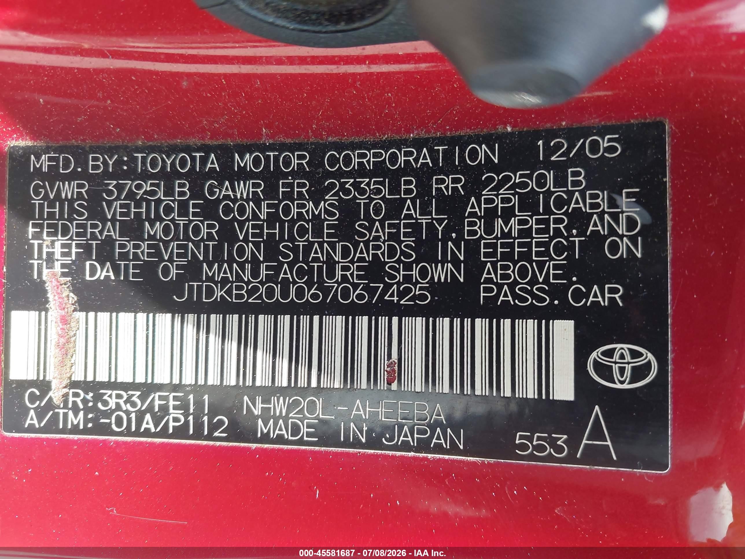 2006 Toyota Prius   Red vin: JTDKB20U067067425
