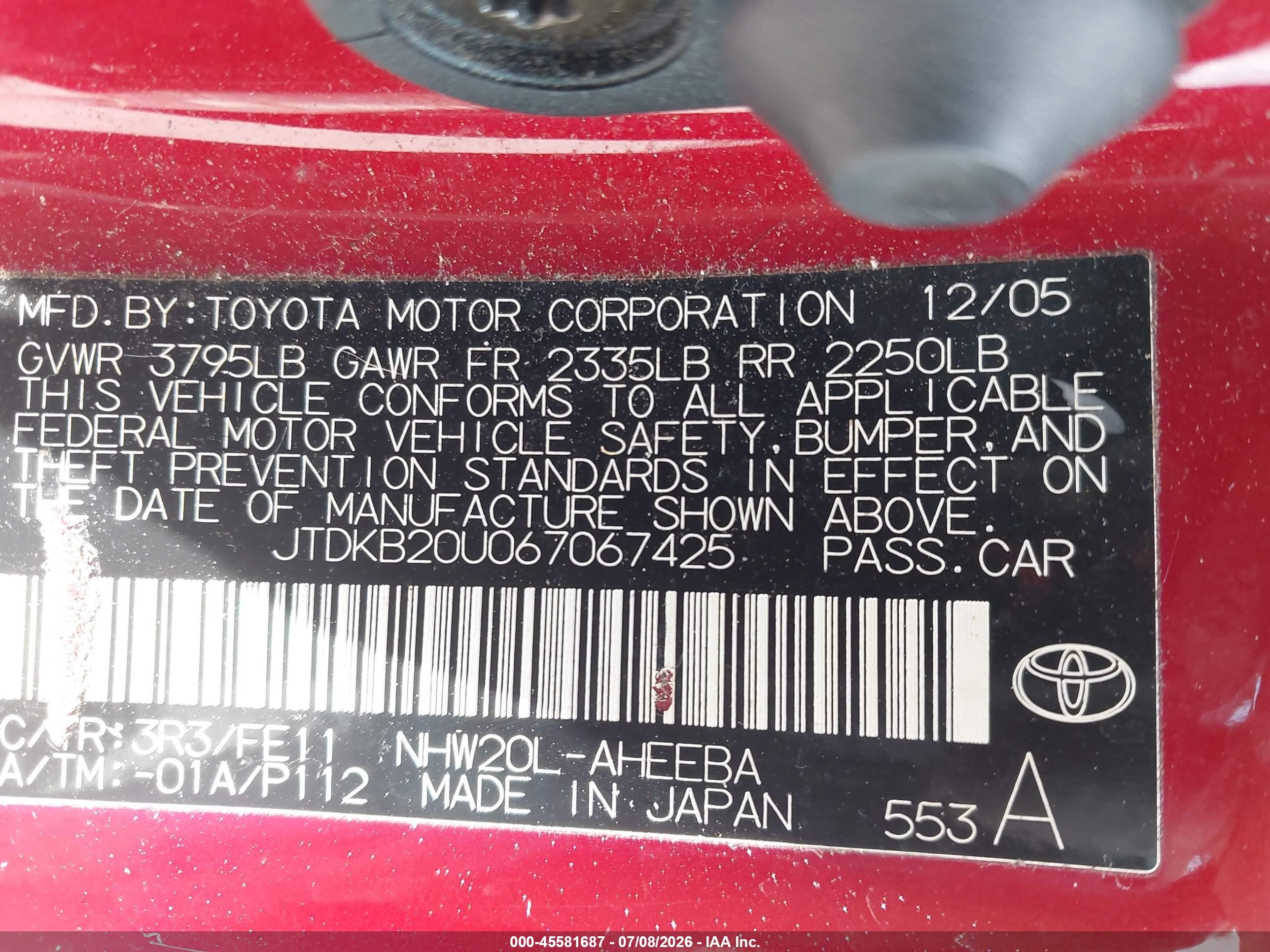 2006 Toyota Prius   Red vin: JTDKB20U067067425