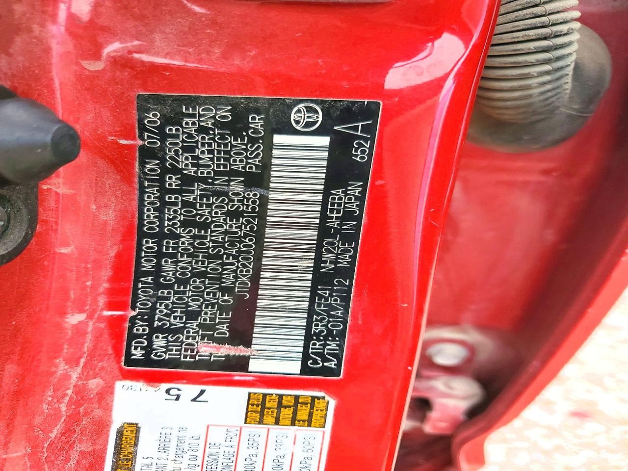 2006 Toyota Prius Base Red vin: JTDKB20U067521558