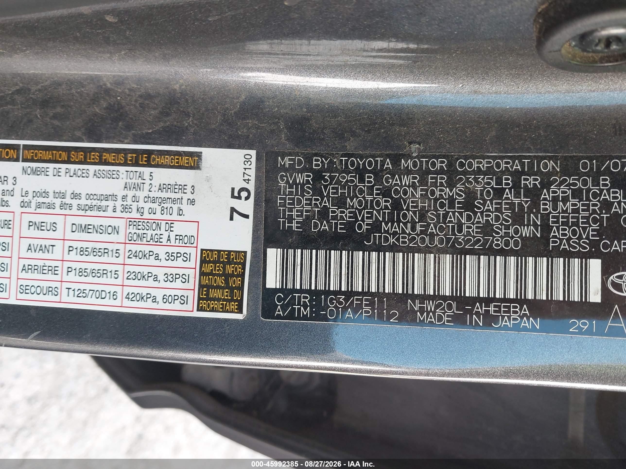 2007 Toyota Prius   Gray vin: JTDKB20U073227800