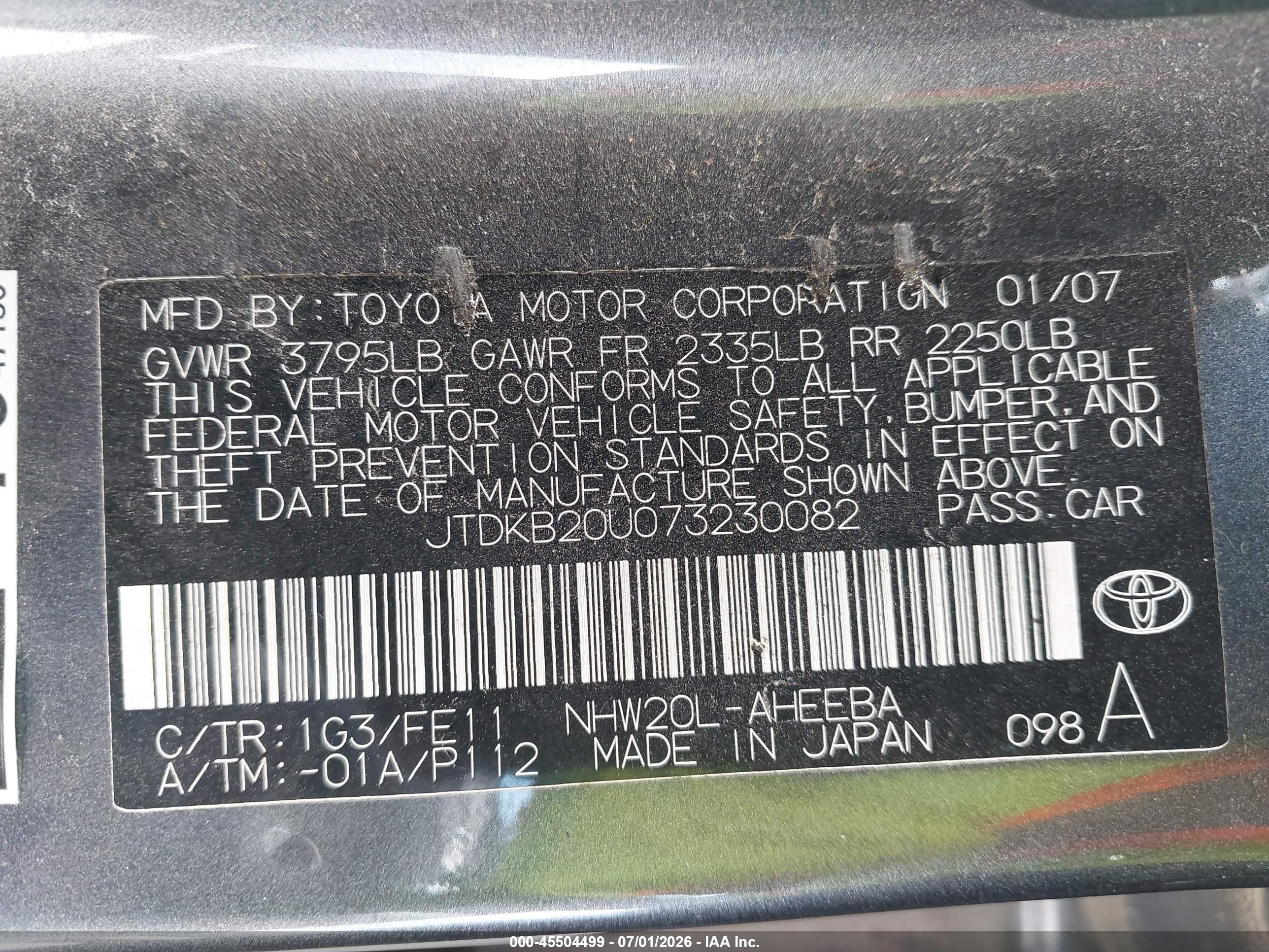 2007 Toyota Prius   Gray vin: JTDKB20U073230082