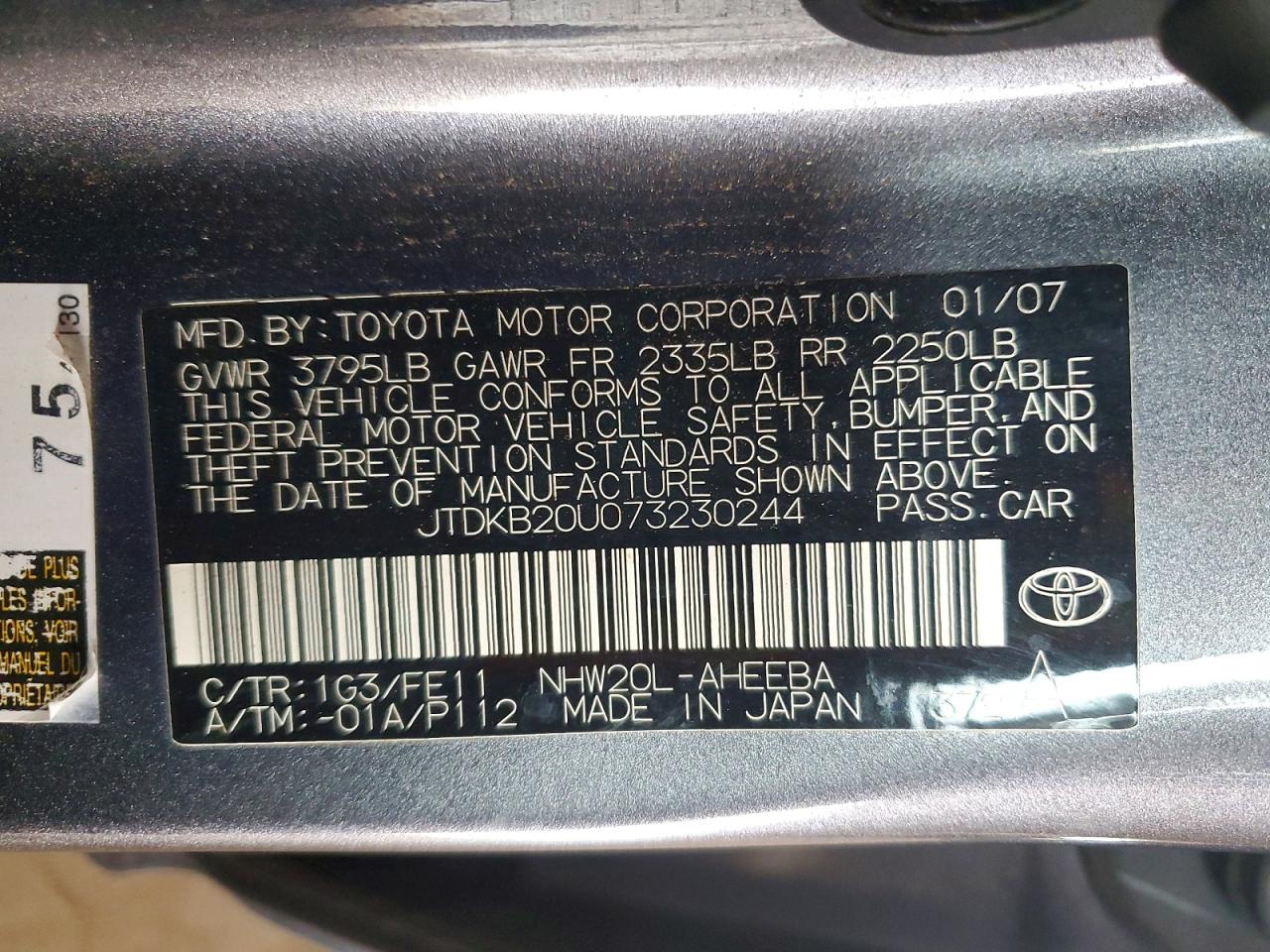 2007 Toyota Prius Base Gray vin: JTDKB20U073230244