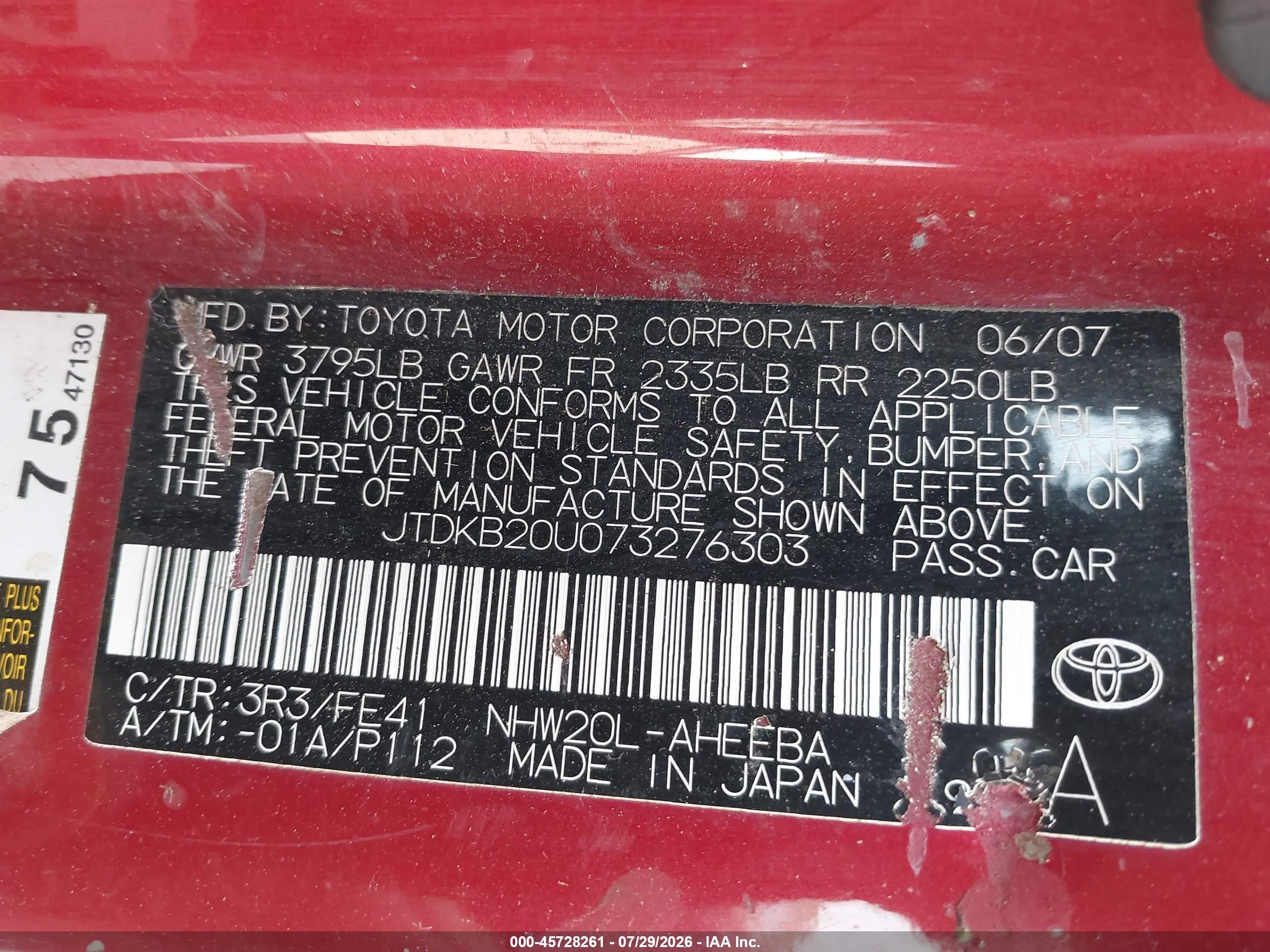 2007 Toyota Prius   Red vin: JTDKB20U073276303