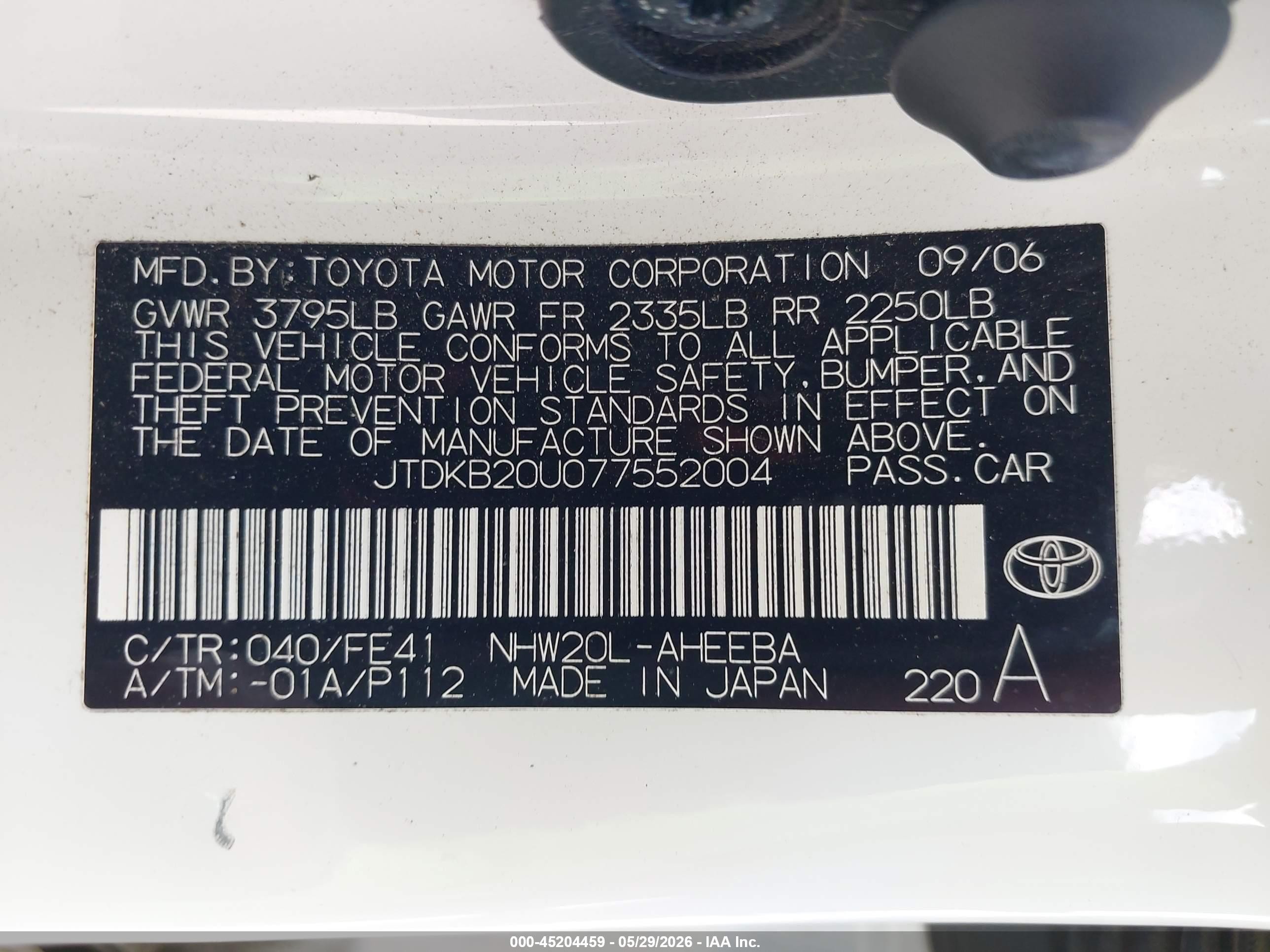 2007 Toyota Prius   White vin: JTDKB20U077552004