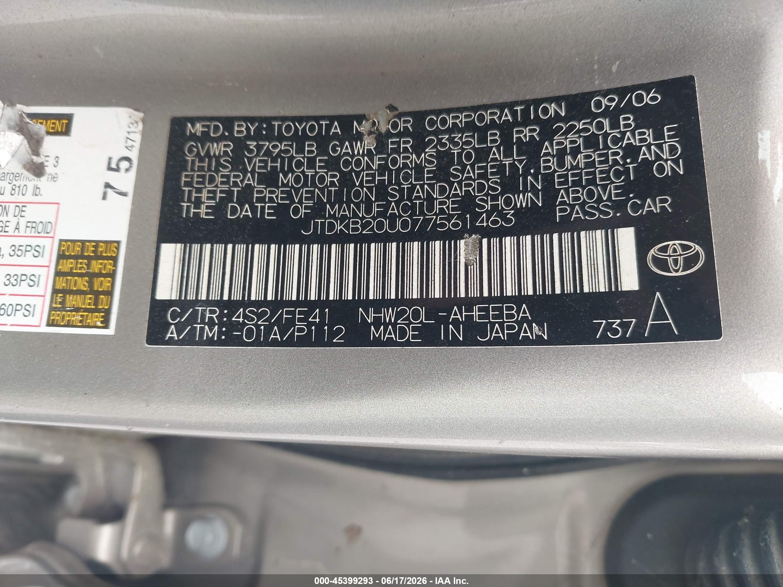 2007 Toyota Prius   Tan vin: JTDKB20U077561463
