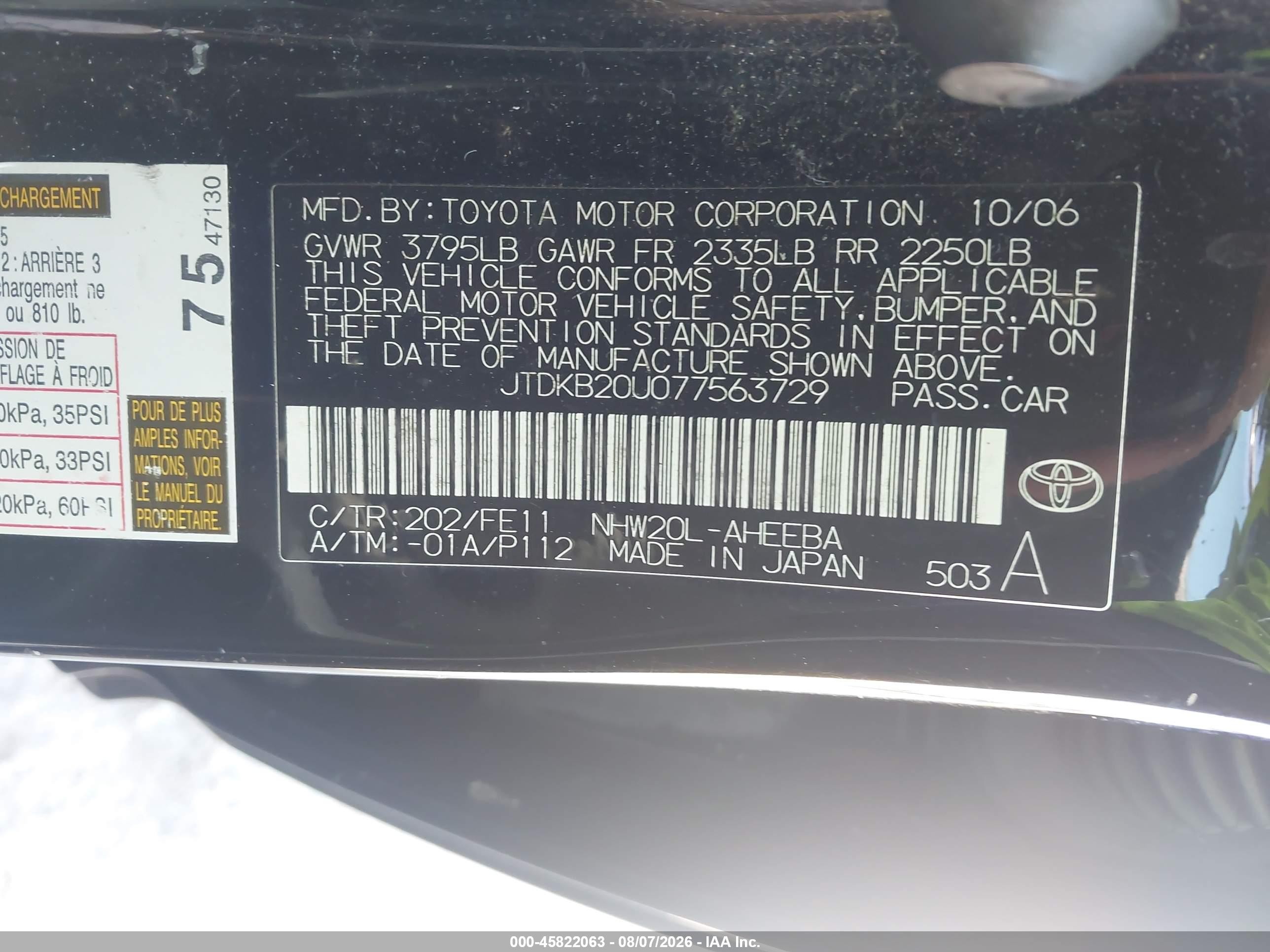 2007 Toyota Prius   Black vin: JTDKB20U077563729