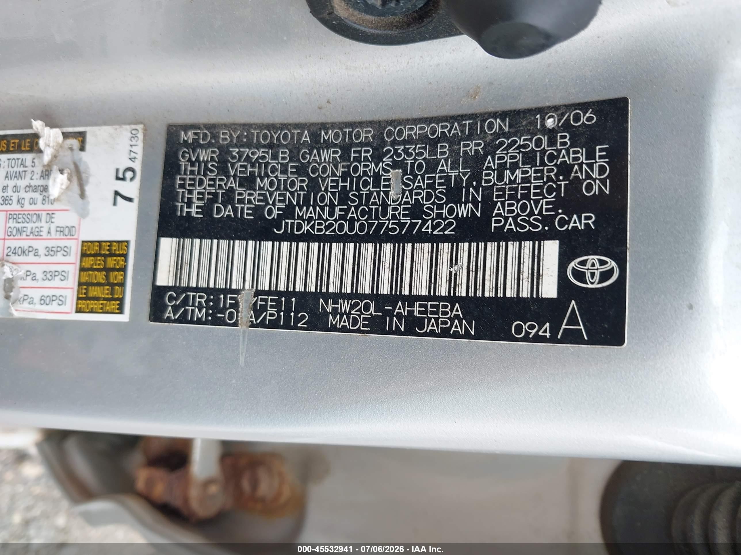2007 Toyota Prius   Silver vin: JTDKB20U077577422