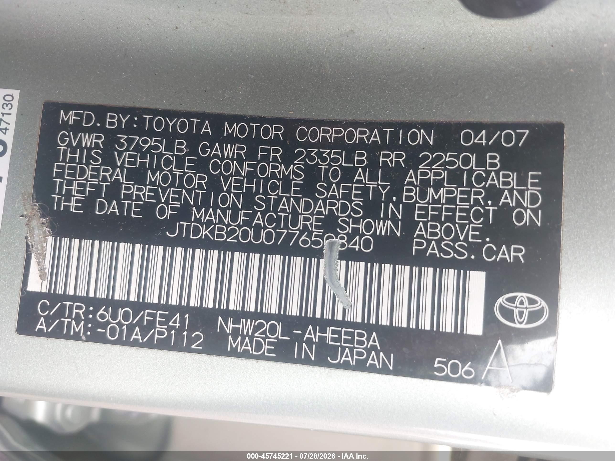 2007 Toyota Prius   Green vin: JTDKB20U077650840