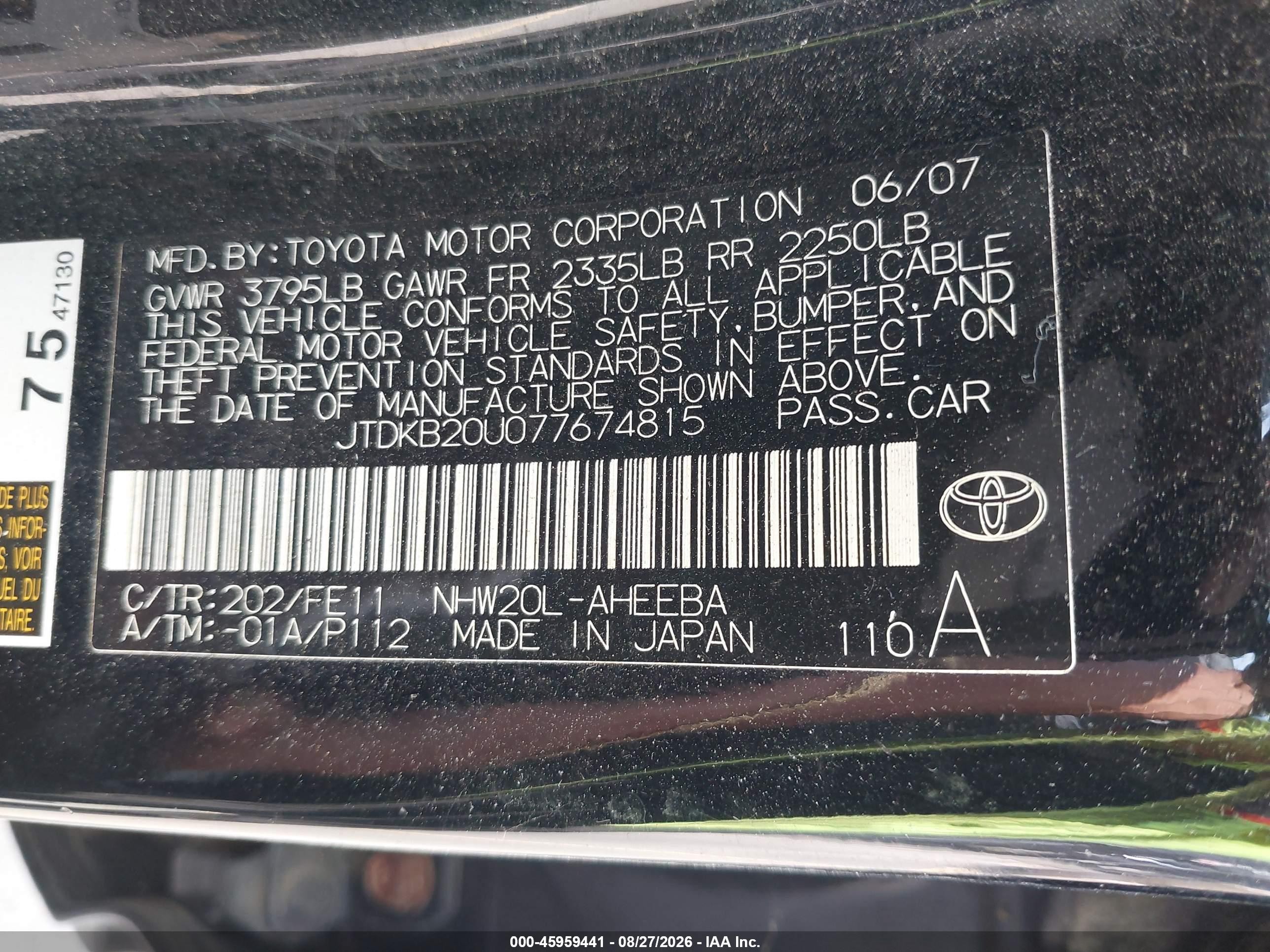2007 Toyota Prius   Black vin: JTDKB20U077674815