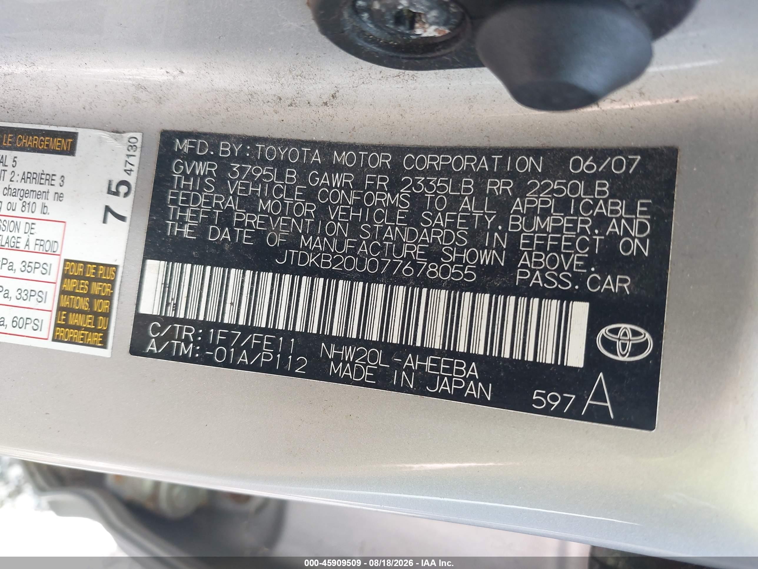 2007 Toyota Prius   Silver vin: JTDKB20U077678055