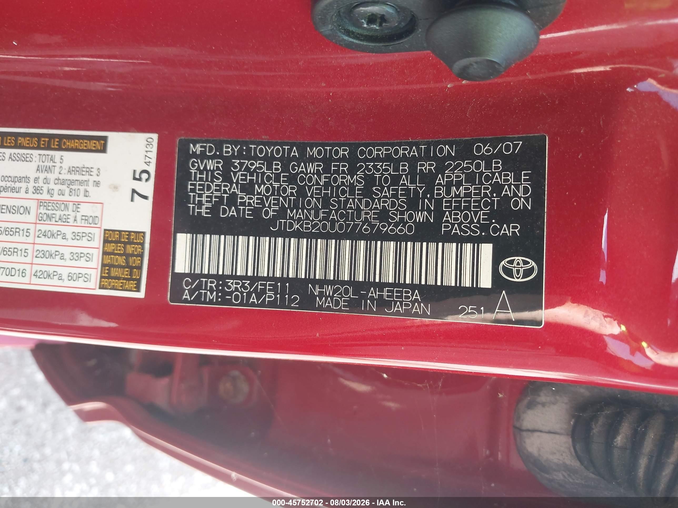 2007 Toyota Prius   Red vin: JTDKB20U077679660