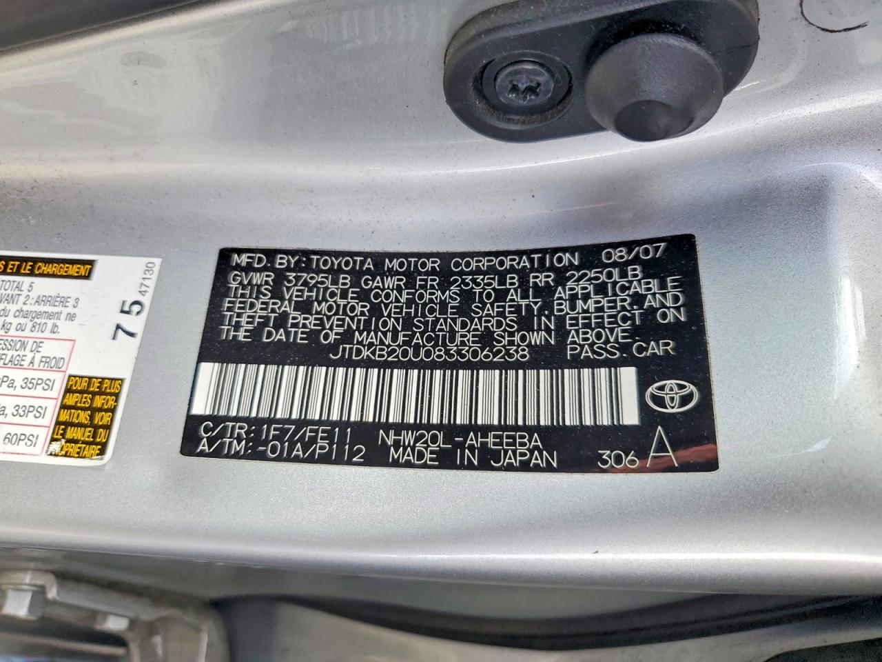 2008 Toyota Prius Base Silver vin: JTDKB20U083306238