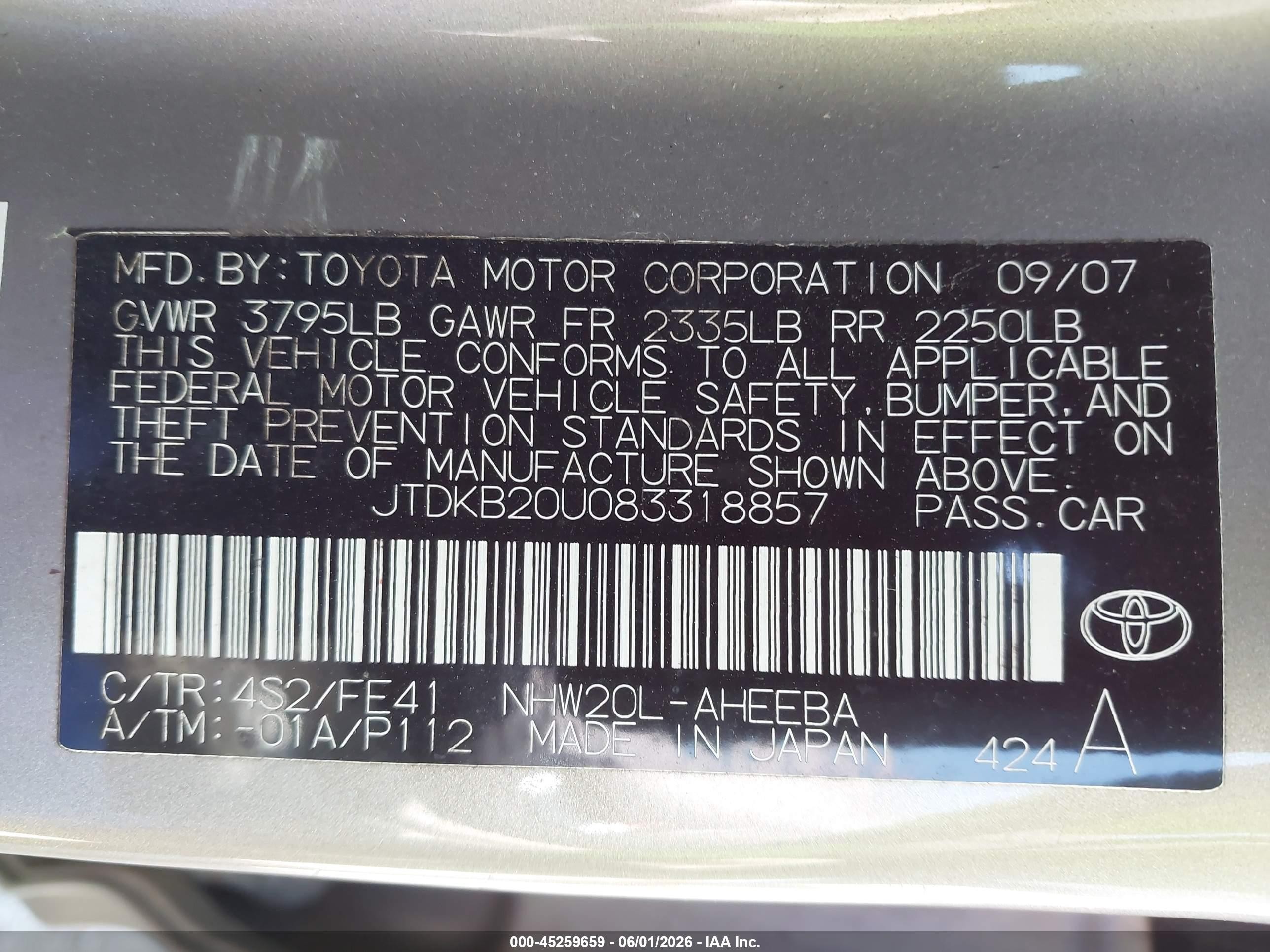2008 Toyota Prius   Champagne vin: JTDKB20U083318857